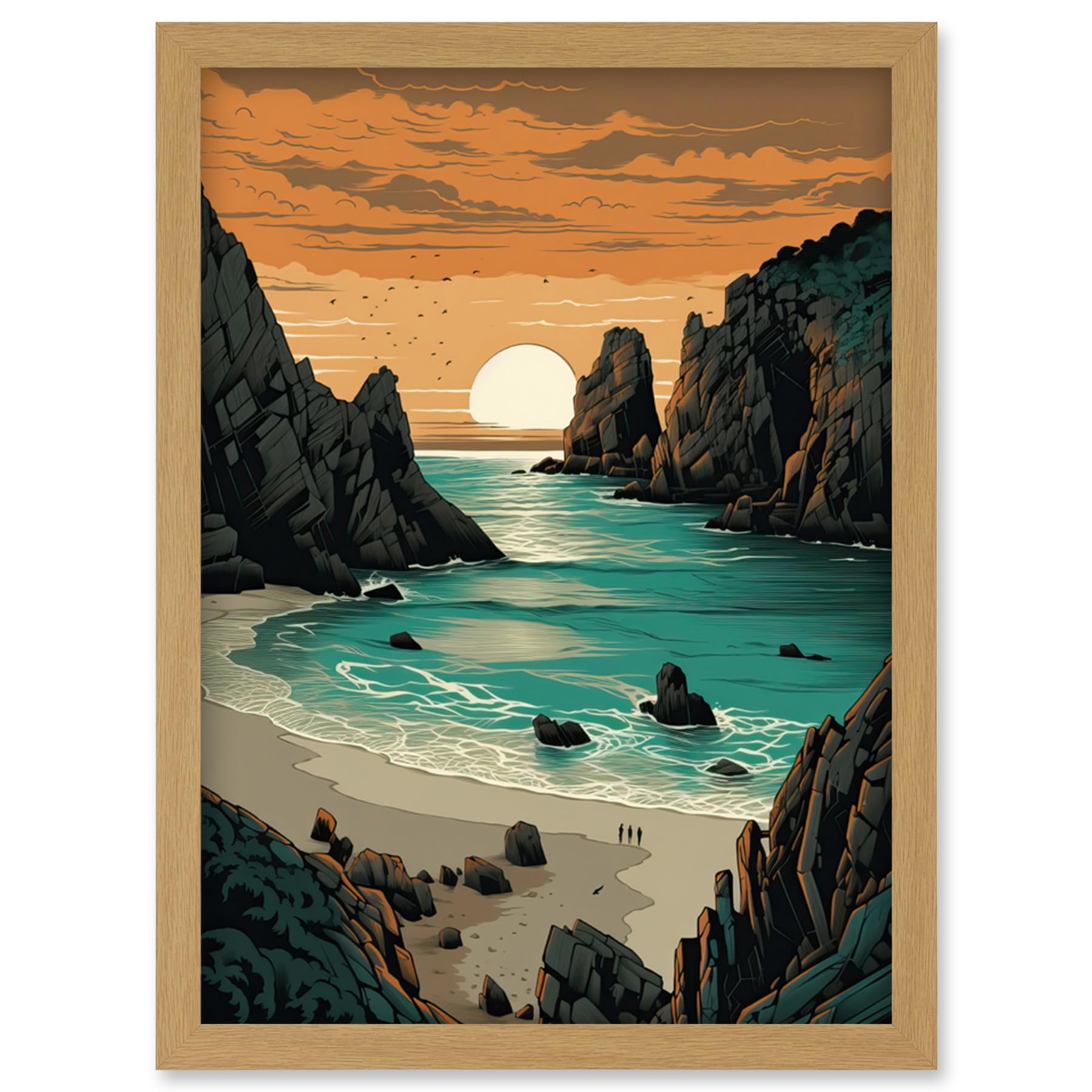 Artery8 Porthcurno Beach Sunrise Coastal Landscape Artwork Framed Wall Art Print A4