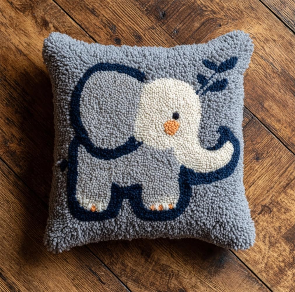 kitphoenix Latch Hook Cushion Kit, Elephant Knitting Kits Cushion, Rug Making Kit for Starters, Latch Hook Kit for Beginners Adults Or Children 43X43Cm/17X17 Inch
