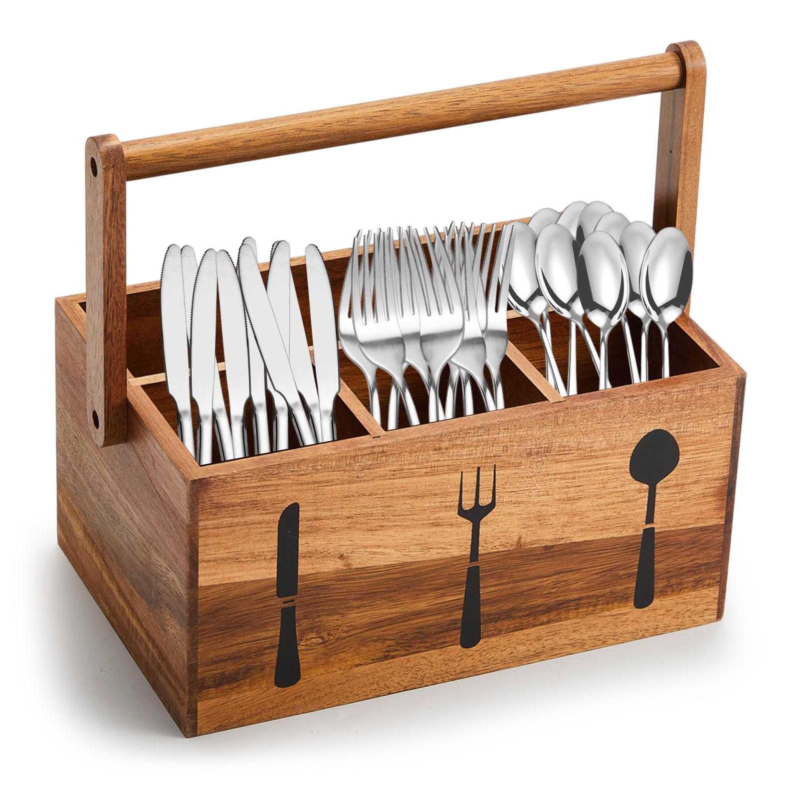 Geetery Acacia Utensil Caddy Silverware Caddy with Handle Wooden Multipurpose Countertop Flatware Napkin Utensil Organizer for Party Picnic Kitchen Trip, 9.1 x 5.9 x 4.5 in(Wood Color)