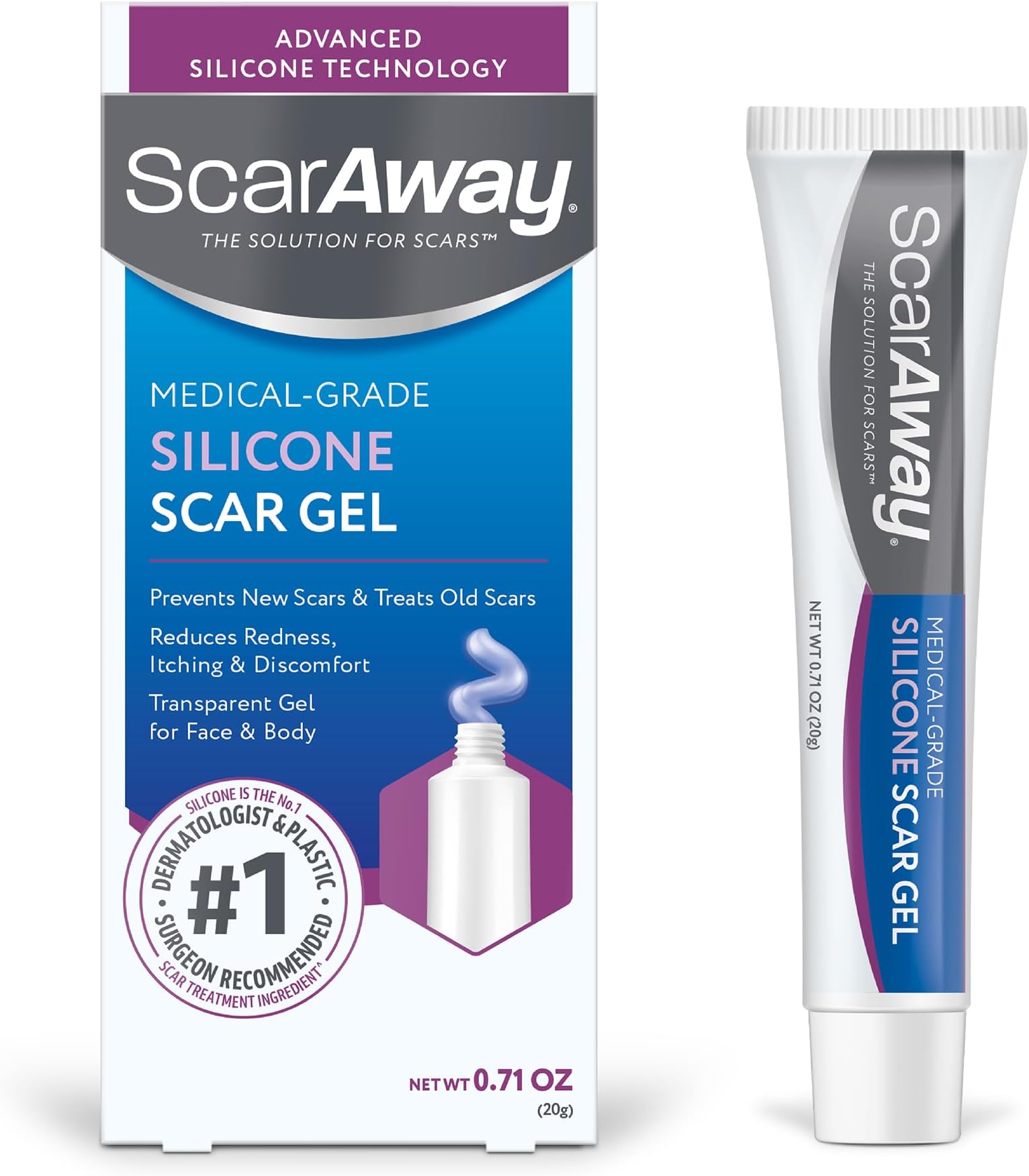 ScarAway Silicone Scar Gel, Helps Improve Size, Color & Texture of Hypertrophic & Keloid Scars from Injury, Burns & Surgery, Water Resistant, 20g (0.7 Oz)