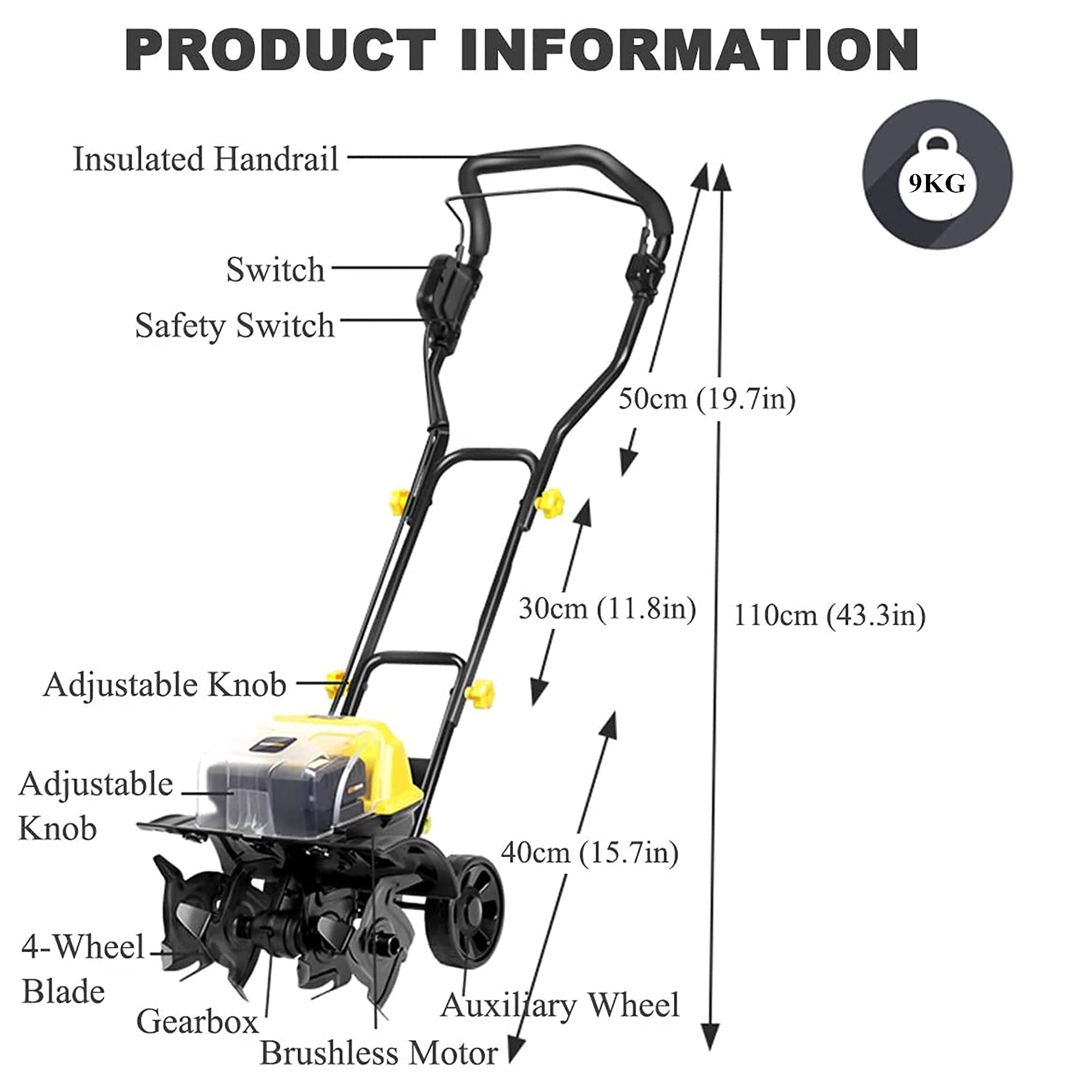 14-calowy bezprzewodowy elektryczny kultywator z kółkami, ogrodowe, 4 łopatki rumowiska, szerokość 36 cm, głębokość upraw 20 cm