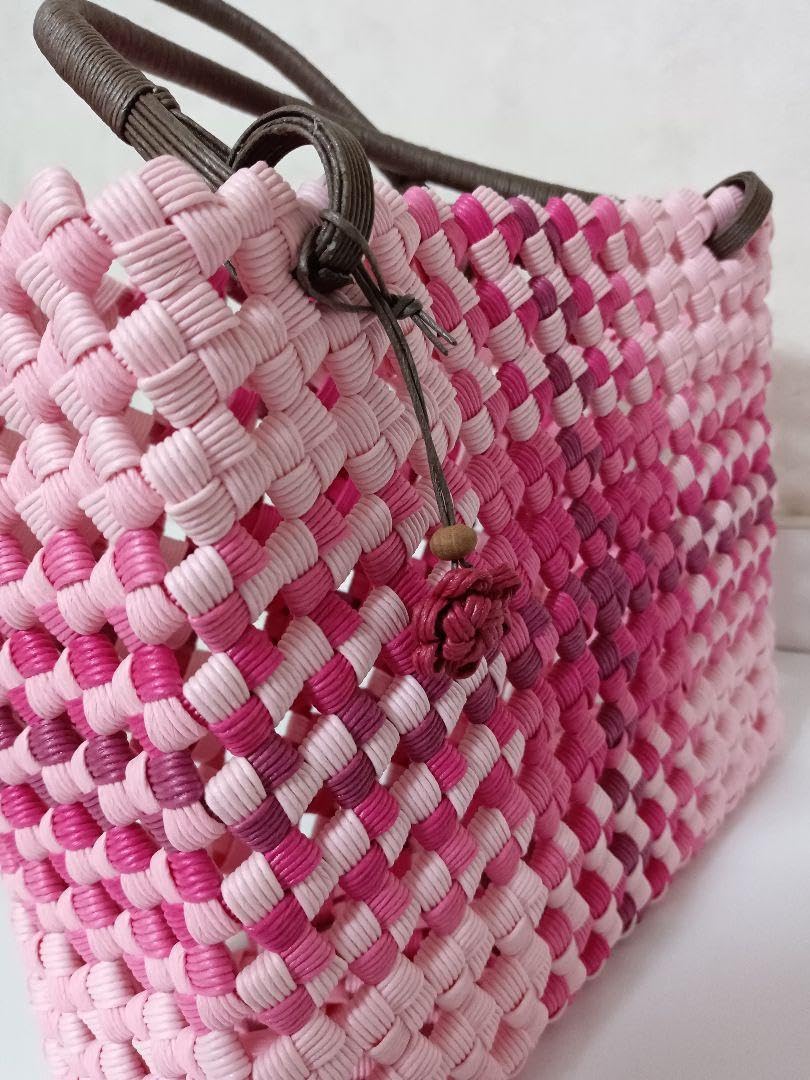 Amazon.co.jp: エコクラフトかごバッグ石畳編みピンク紙バンドエコ