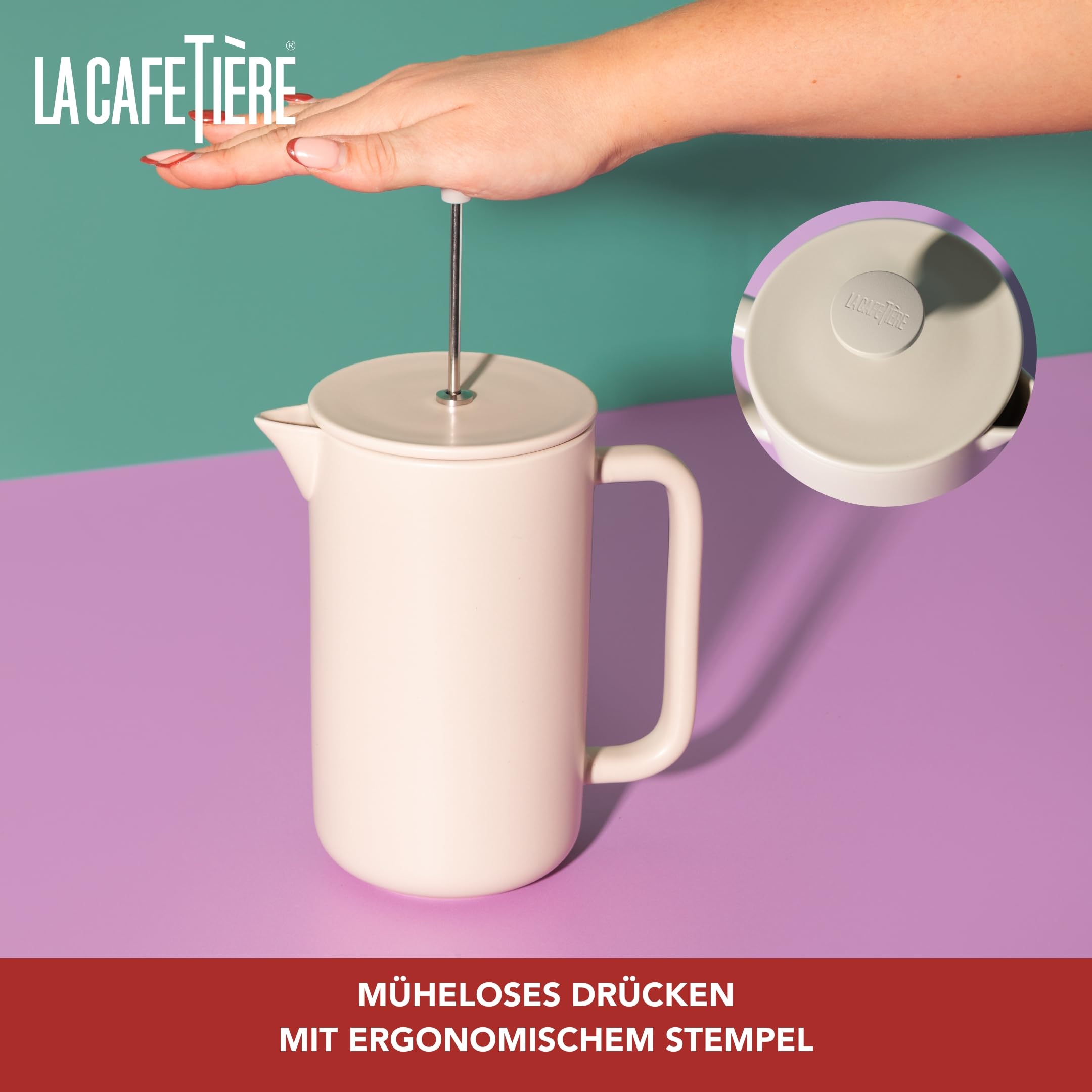 La Cafetière Arezzo 8 Tassen 1L Steinzeug-Cafetière, hitzebeständige French Press mit griffigem Stempel, Latte