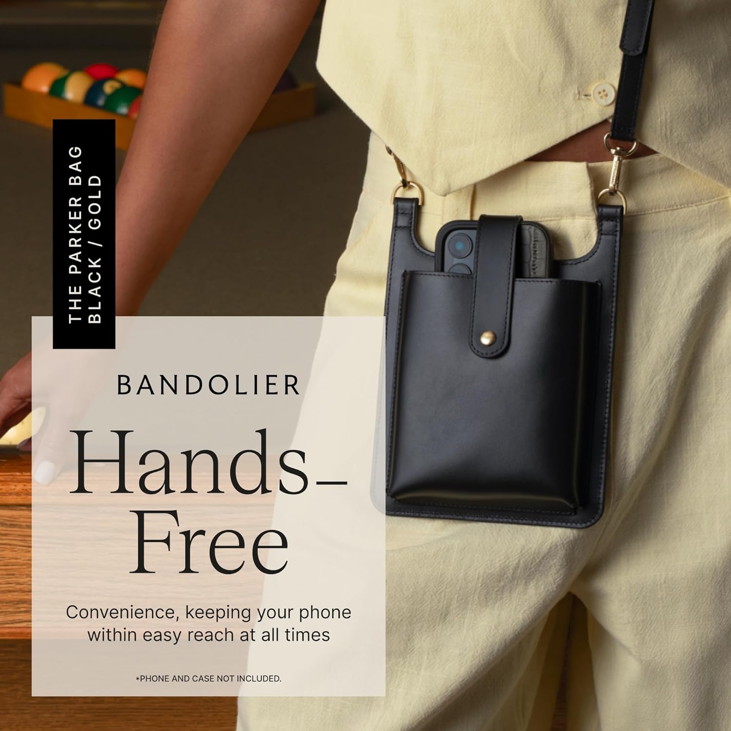 Bandolier Parker Crossbody Cell Phone Bag in Genuine Smooth Leather for Women| Adjustable Strap. Exterior Zipper Pocket for Cards. Gold Luxe Hardware - Image 5