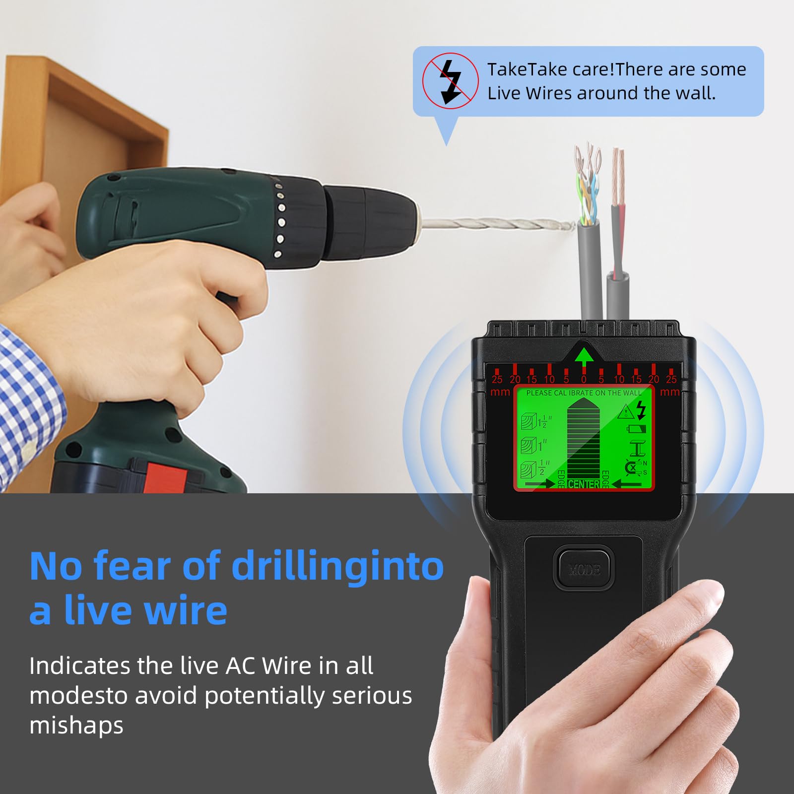 Sensore scanner da parete 8 in 1 con display LCD e allarme audio per legno, CA, filo vivo, bulloni metallici, rilevamento tubi (nero)
