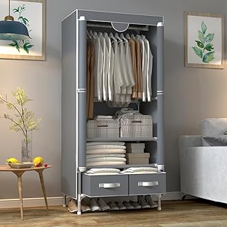 Portable Canvas Wardrobe with 2 Drawers, Portable Closet with Hanging Rail and Wardrobe Shelves, 75x45x170cm Wardrobe for Bedroom, Grey