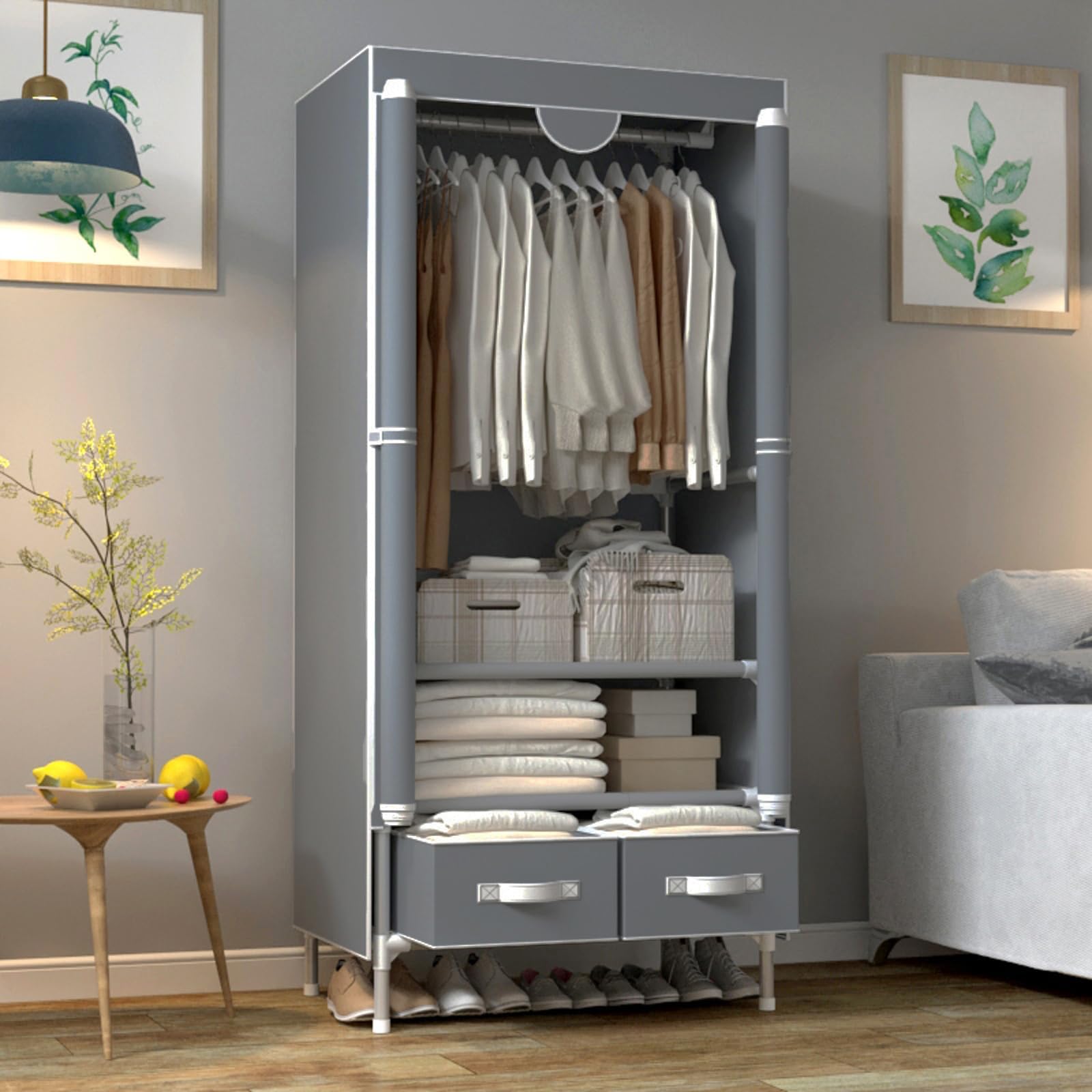 Portable Canvas Wardrobe with 2 Drawers, Portable Closet with Hanging Rail and Wardrobe Shelves, 75x45x170cm Wardrobe for Bedroom, Grey