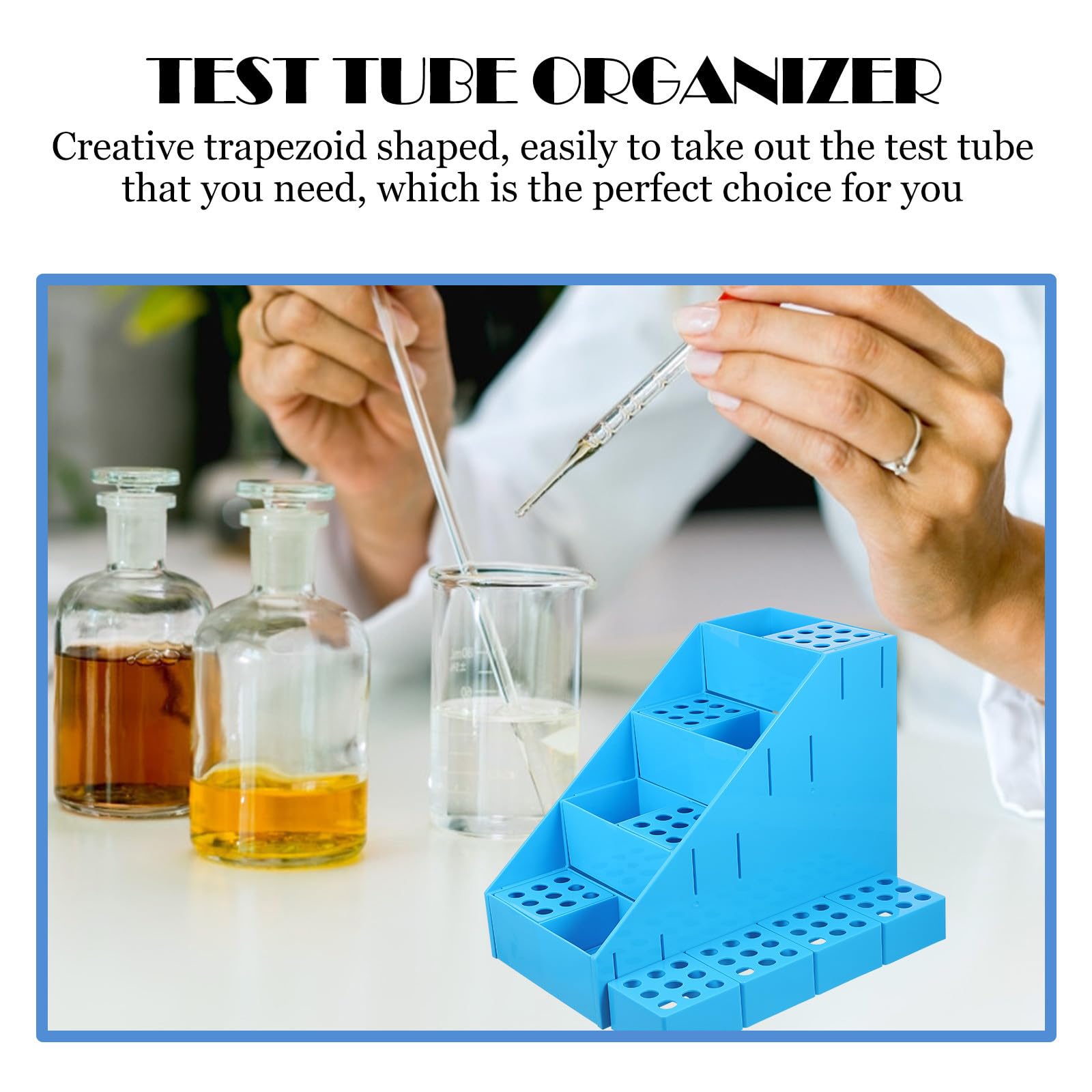 UKCOCO Portaprovette Multifunzione 72 Fori in Plastica Blu, Supporto per Provetta da 5ml e 10ml, Smontabile e Facile da Montare, Design Trapezoidale per Laboratori e Scuole