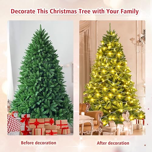 Miniatura 10 de HAPPYGRILL Árbol de Navidad preiluminado de 6 pies con 600 luces LED, árbol de Navidad artificial con 8 modos de iluminación, árbol de abeto con