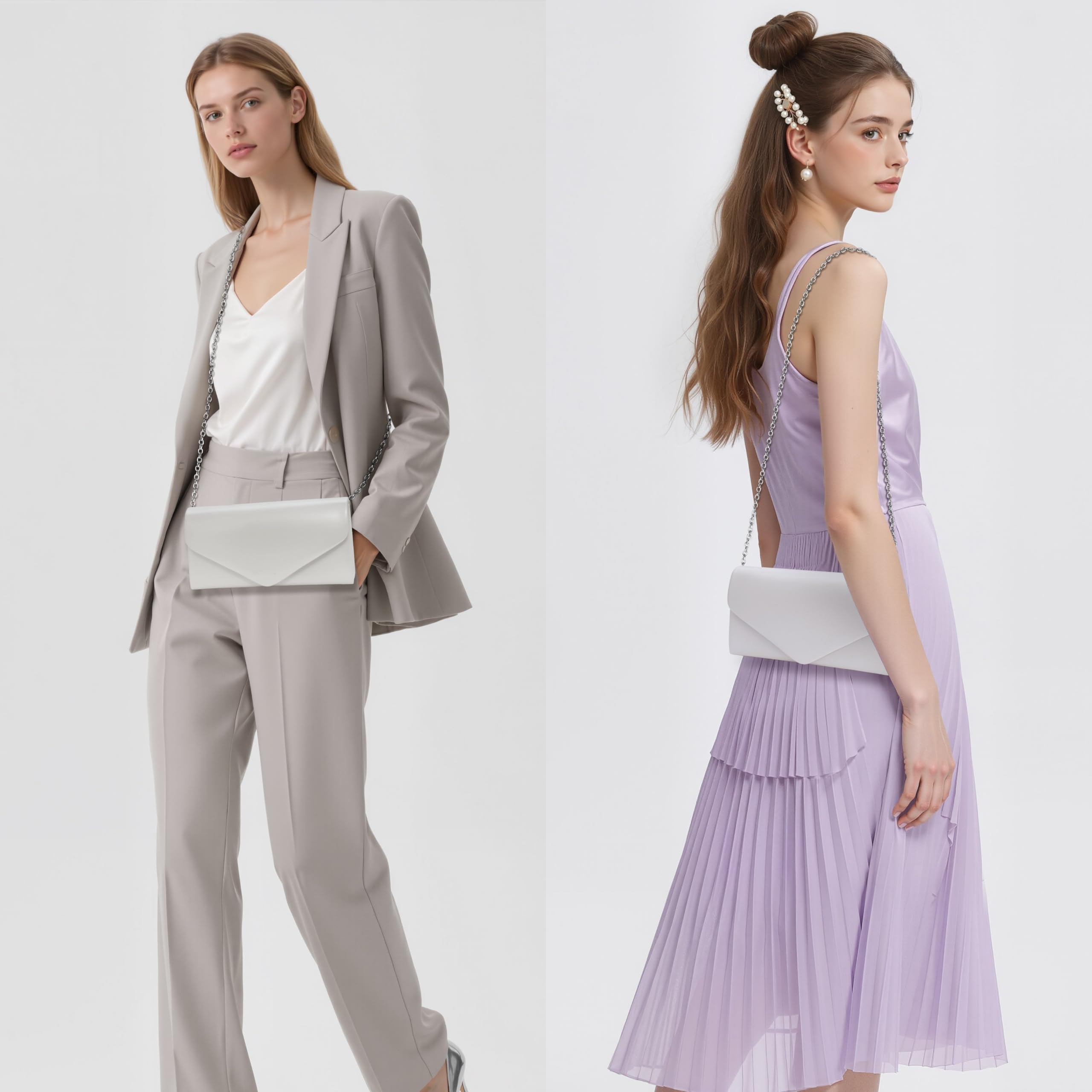 Larcenciel Pochettes et Clutches Femme Cuir, Sac a Main Femme Blanc avec Chaîne