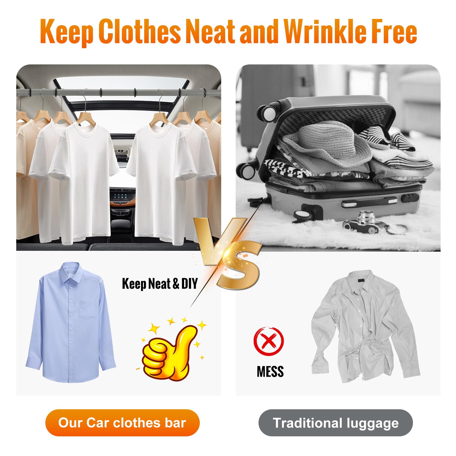 Car Clothes Hanger Bar Heavy-Duty Wrinkle Free Clothes Rack for Car Adjustable 30-64 Inches Automotive Travel Hangers for SUVs, Vans, Trucks, RVs (Gray)