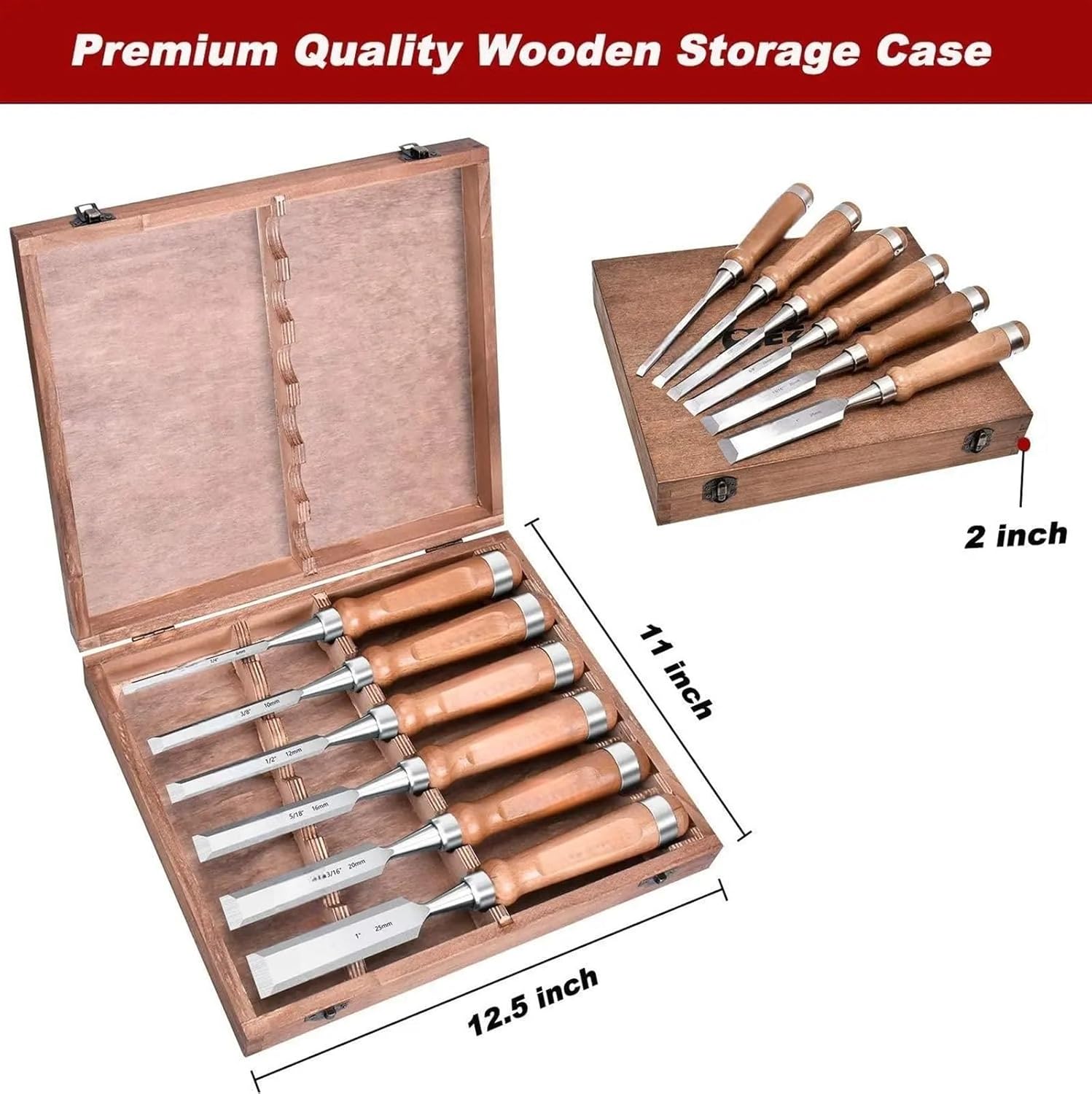 6Pcs Wood Chisel Tool Sets Woodworking Carving Chisel Kit with Premium Wooden Case for Carpenter Craftsman Gift for Men