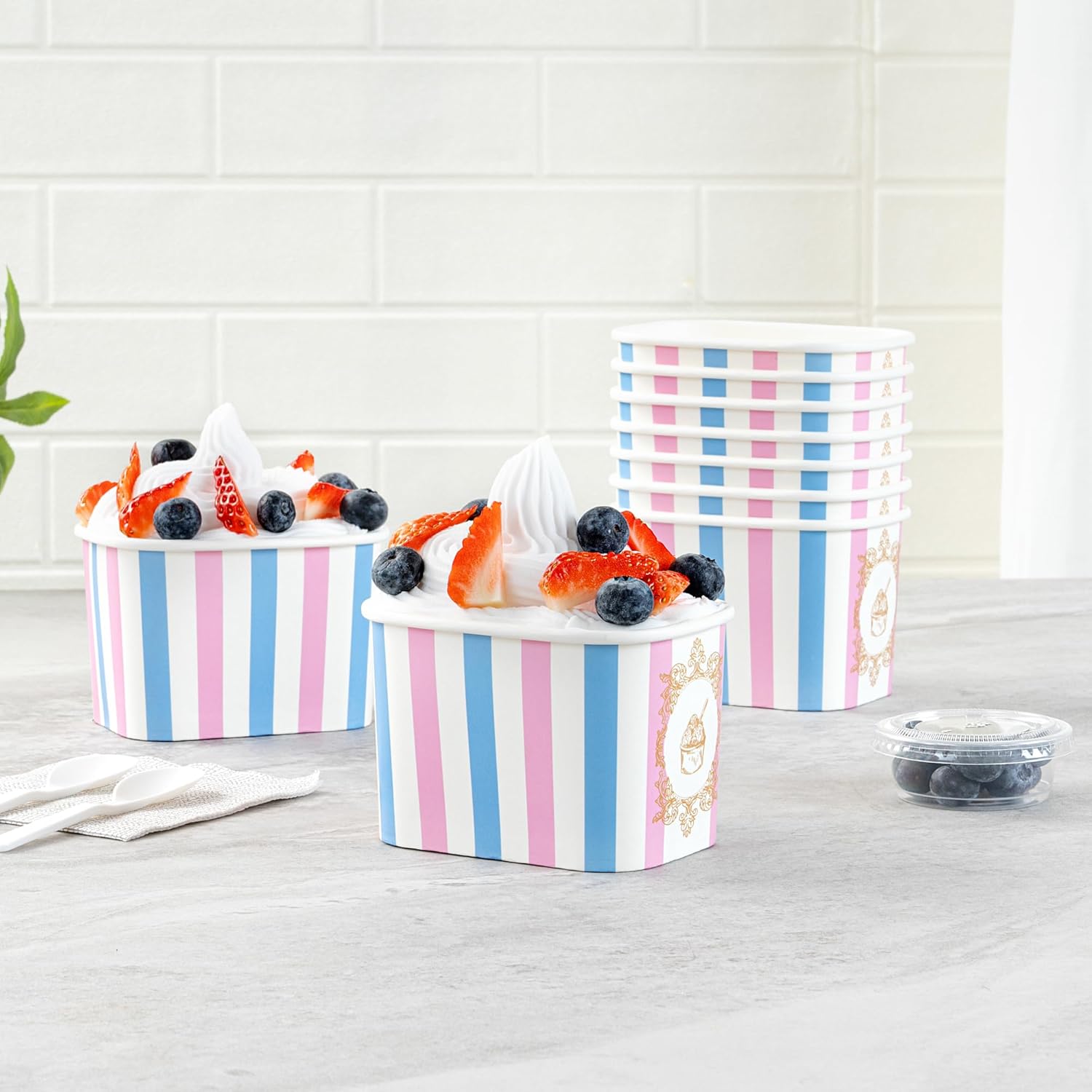 Restaurantware Paper Cups 200 Count 12 Ounce Square Disposable Ice Cream Containers, Leak-Resistant Paper Dessert To Go Cups, Hot And Cold Food, Durable Pink And Blue Stripe Design
