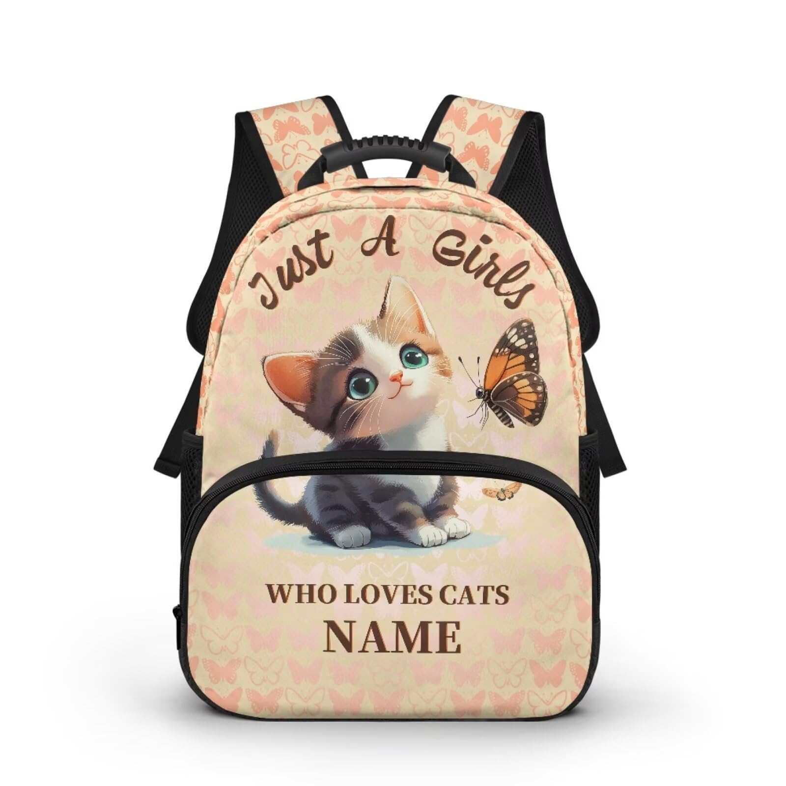 COEQINE Mochila personalizada para niñas para la escuela, mochila de 15 pulgadas para niños, mochila escolar preescolar para niñas pequeñas a las que les gusta el gato con nombre, mochila de viaje