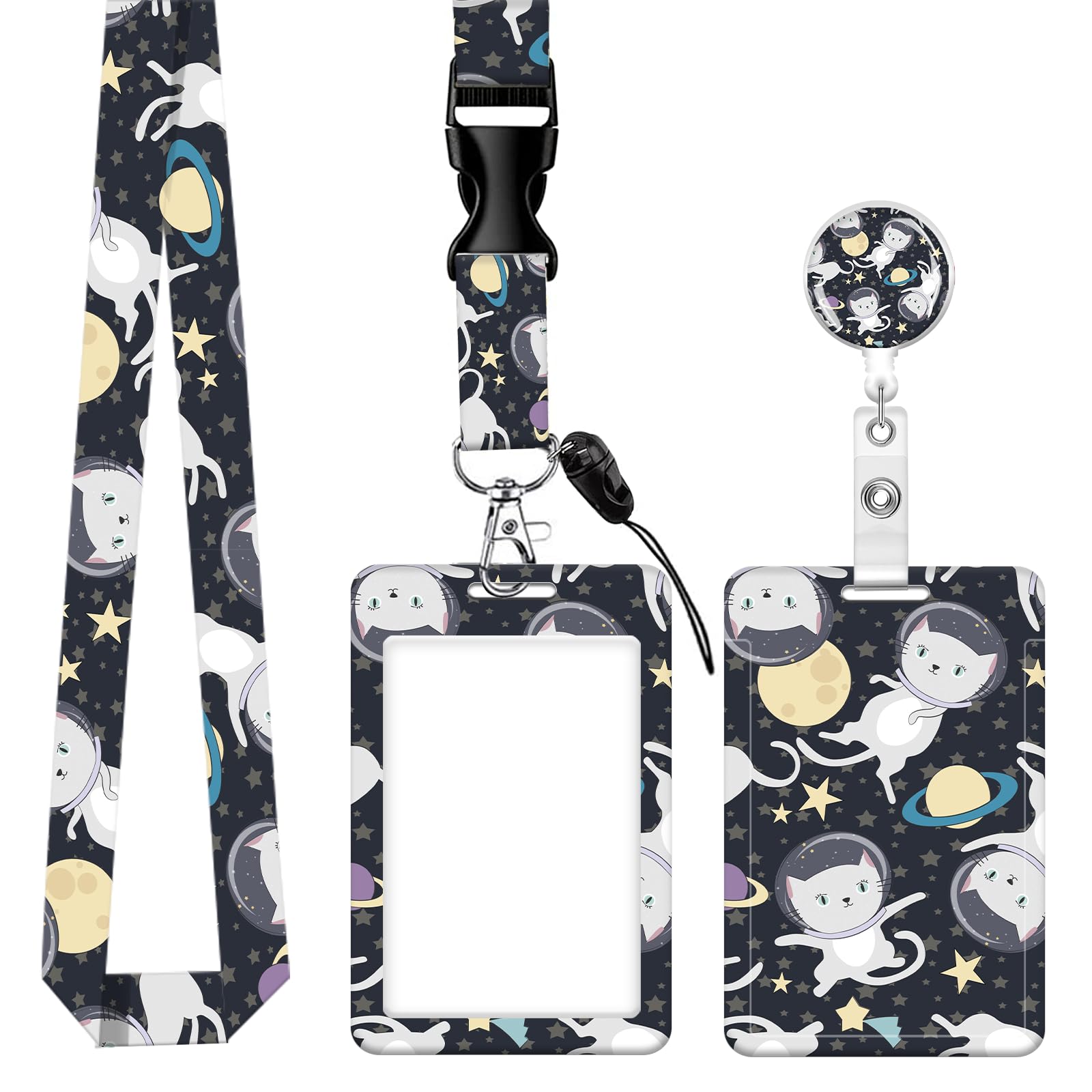 ID Badge Holder with Lanyard, Retractable Badge Holders Reels with Lanyards Adjustable, for Women Kids Teacher Nurses Doctor Student(Cute Cat)