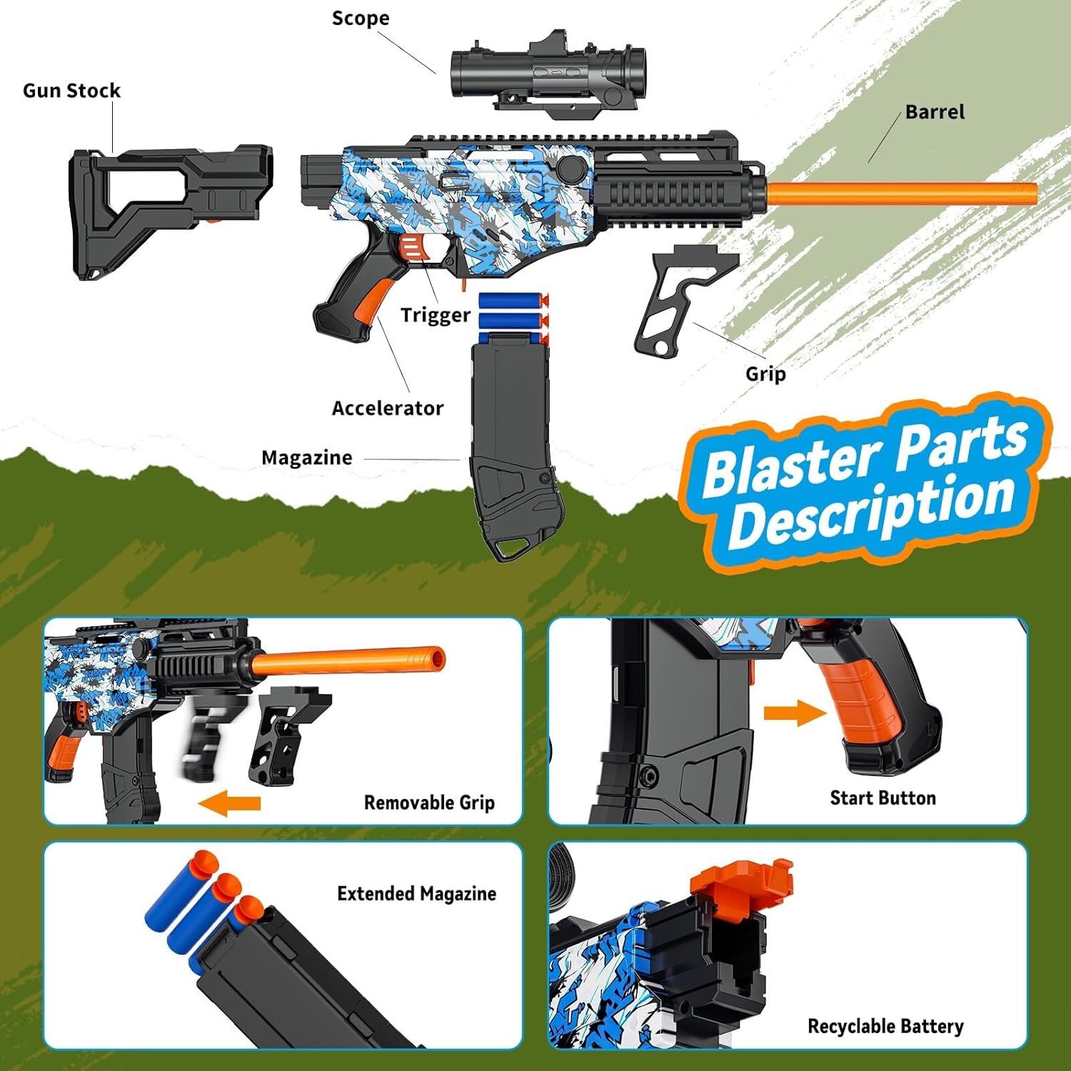 Toy Gun Automatic Sniper Rifle with Scope, Tactical Vest Kit, Toy Foam Blasters with 200 Soft Bullets, 2 Magazinine and Grip, Electric Gun for Boys Age 8-12, Gifts for Birthday Christmas
