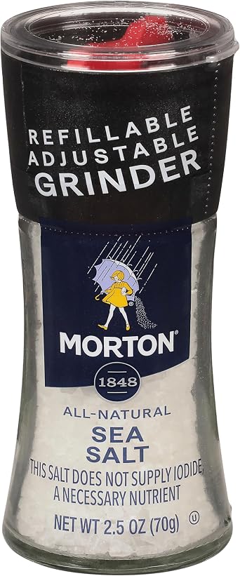 Morton Sea Salt, Grinder, 2.5 oz, All-Natural, Adjustable & Refillable, Perfect for Cooking, Seasoning, and Finishing