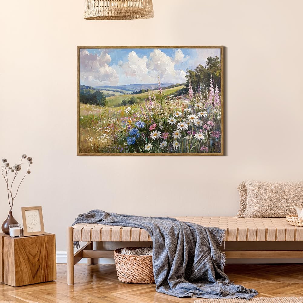 Framed Canvas Wall Art Prints Oil Painting Wildflower Aesthetic Room Decor Serene Daisy Field Painting Poster Pictures Prints for Bathroom, Bedroom LivingRoom 16×24inch Meadow Bloom 24"L x 16"W