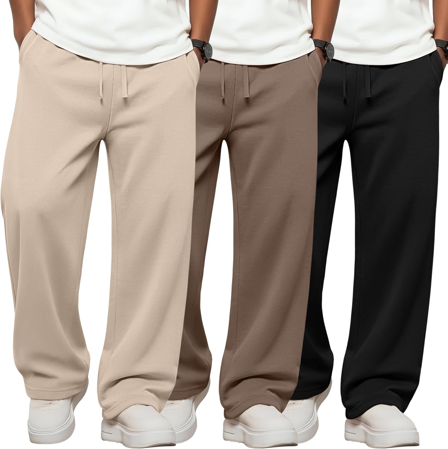 3 Pack Boys Sweatpants Straight Leg Athletic Open Bottom Joggers Lightweight Drawstring Kid Pants with Pockets