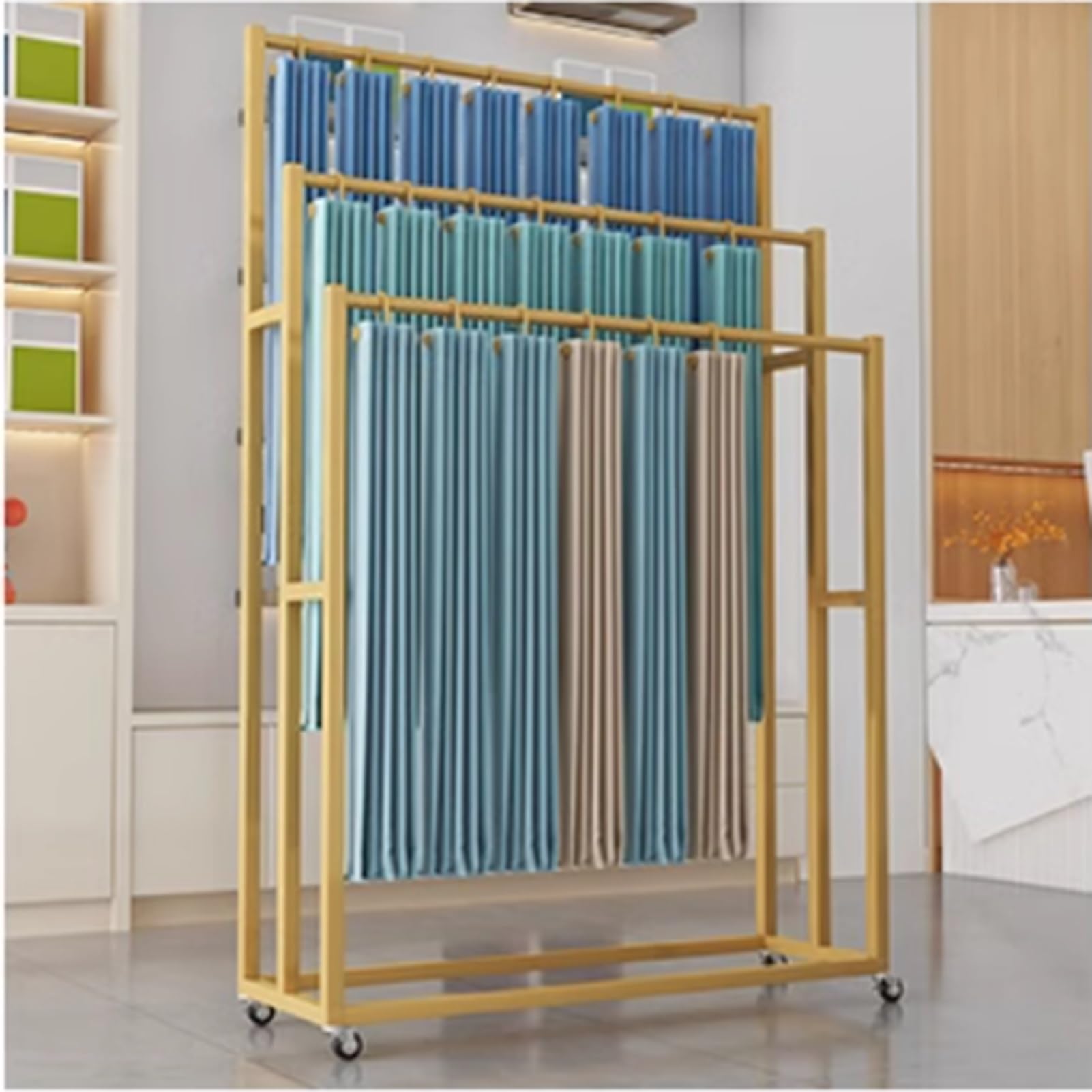 Mobiles Aufbewahrungsregal aus Textilstoff mit Rollen, Metall-Präsentationsständer für Proben, bodenstehender Vorhang, Quilt-Decken-Organizer für Boutiquen, Ausstellungshallen