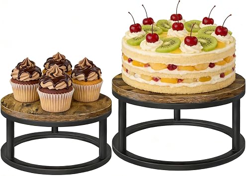 Cake Stand Set, 2 Packs Round Cupcake Stand Cake Pedestal Stand 10"/12" Plate Industrial Rustic Wood Rustic Dessert Table Display Stand Set Serving Tray for Party, Wedding, Birthday, Baby Shower