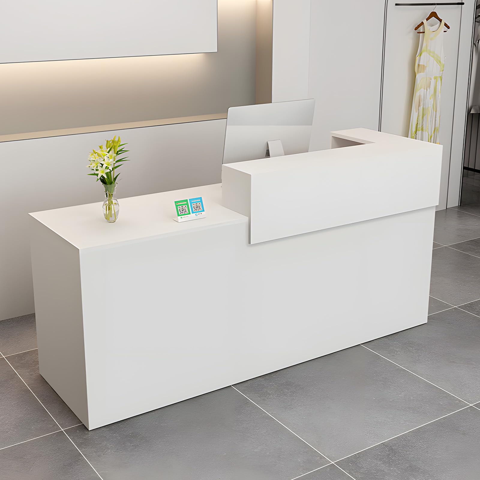 Modern Reception Desk with Drawer & Open Shelves, 39-95 Inch Front Counter Table, Computer Workstation Suitable for Salons, Offices, Lobbies, Retail