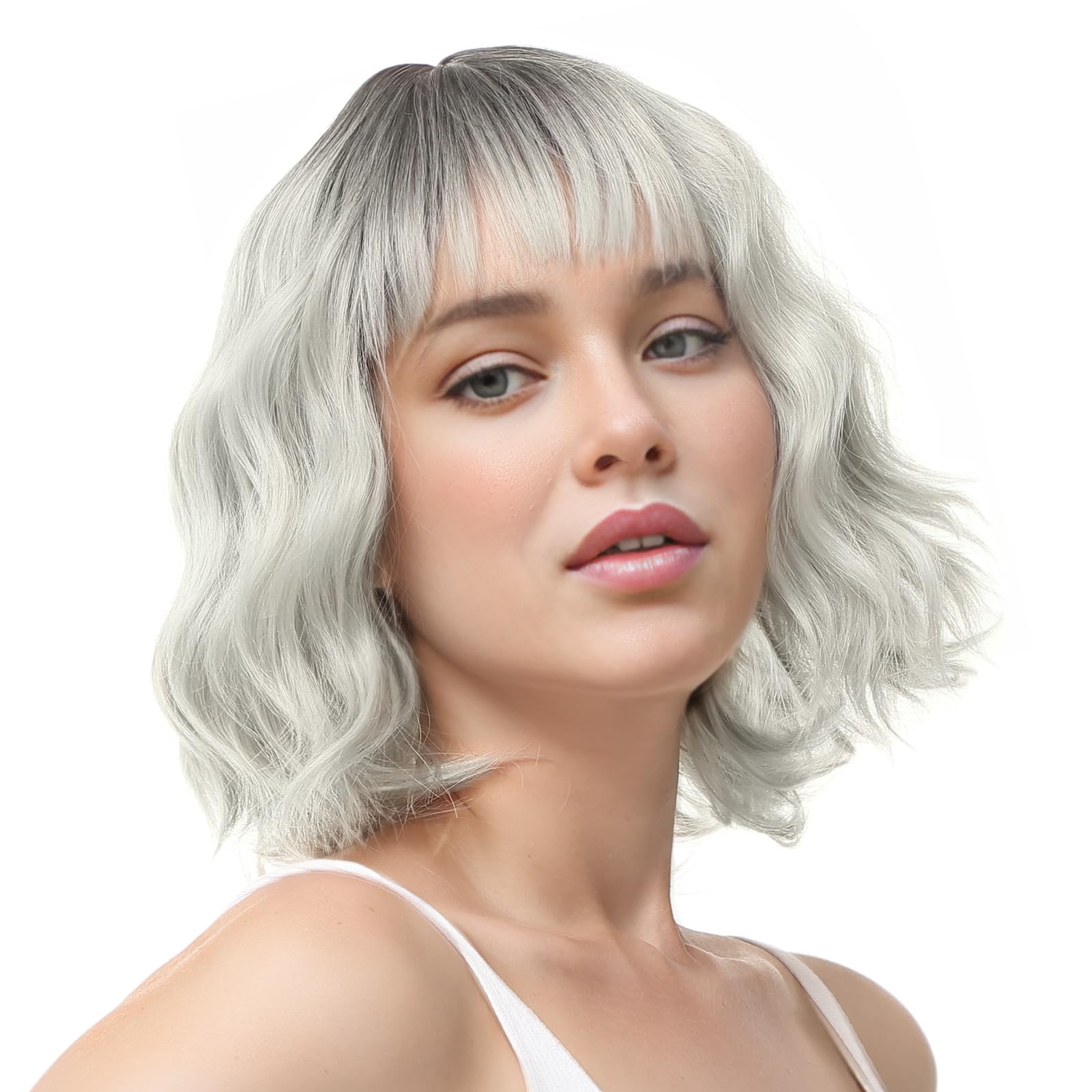 BUYOGET Wavy Bob Wig with Bangs Synthetic Hair Shoulder Length 12 Inch Short Curly Wigs for Women Silver Gray