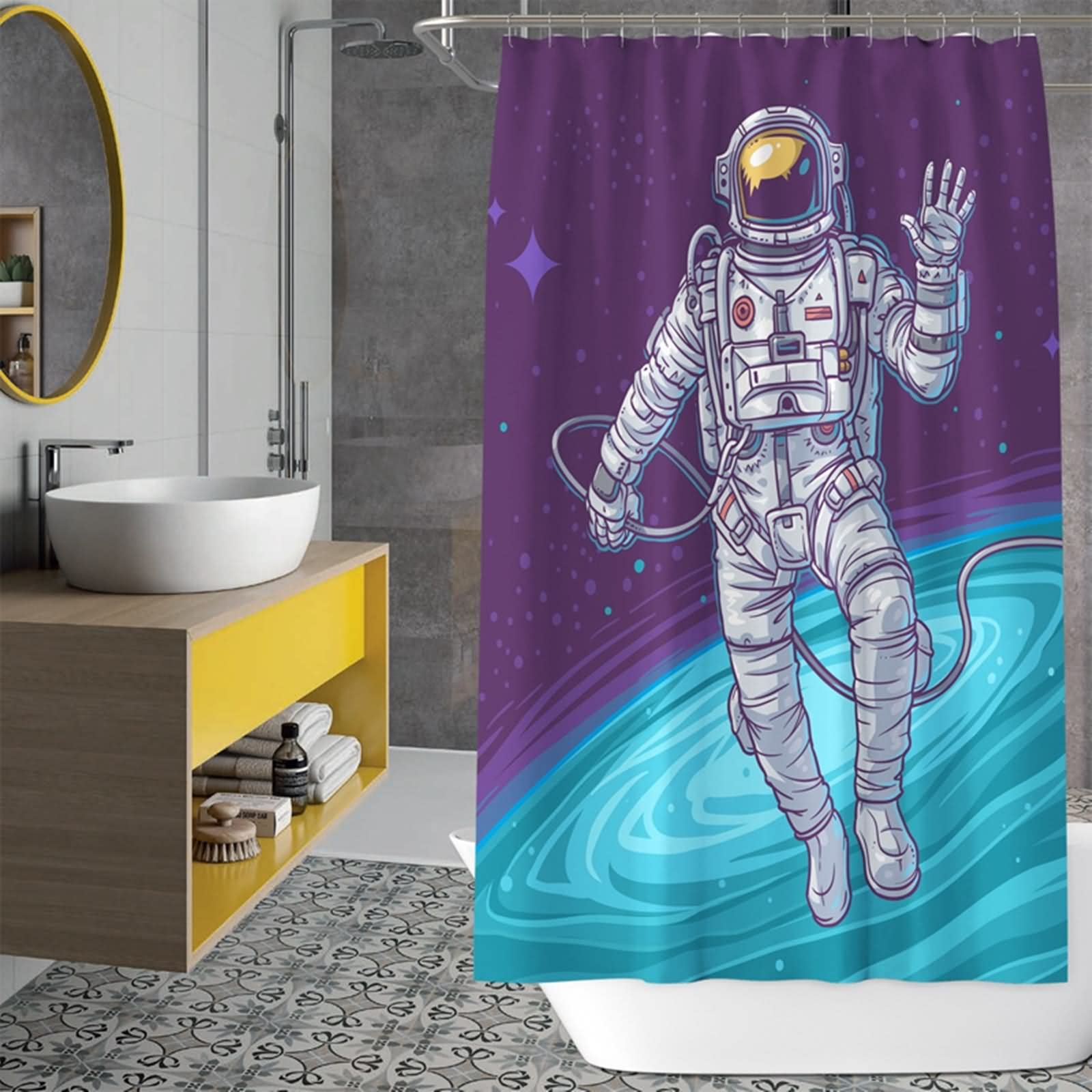 Zestaw zasłon prysznicowych, stylowa zasłona prysznicowa kreskówka kosmos niebieski szary poliester 195 x 234 cm dekoracja wanny