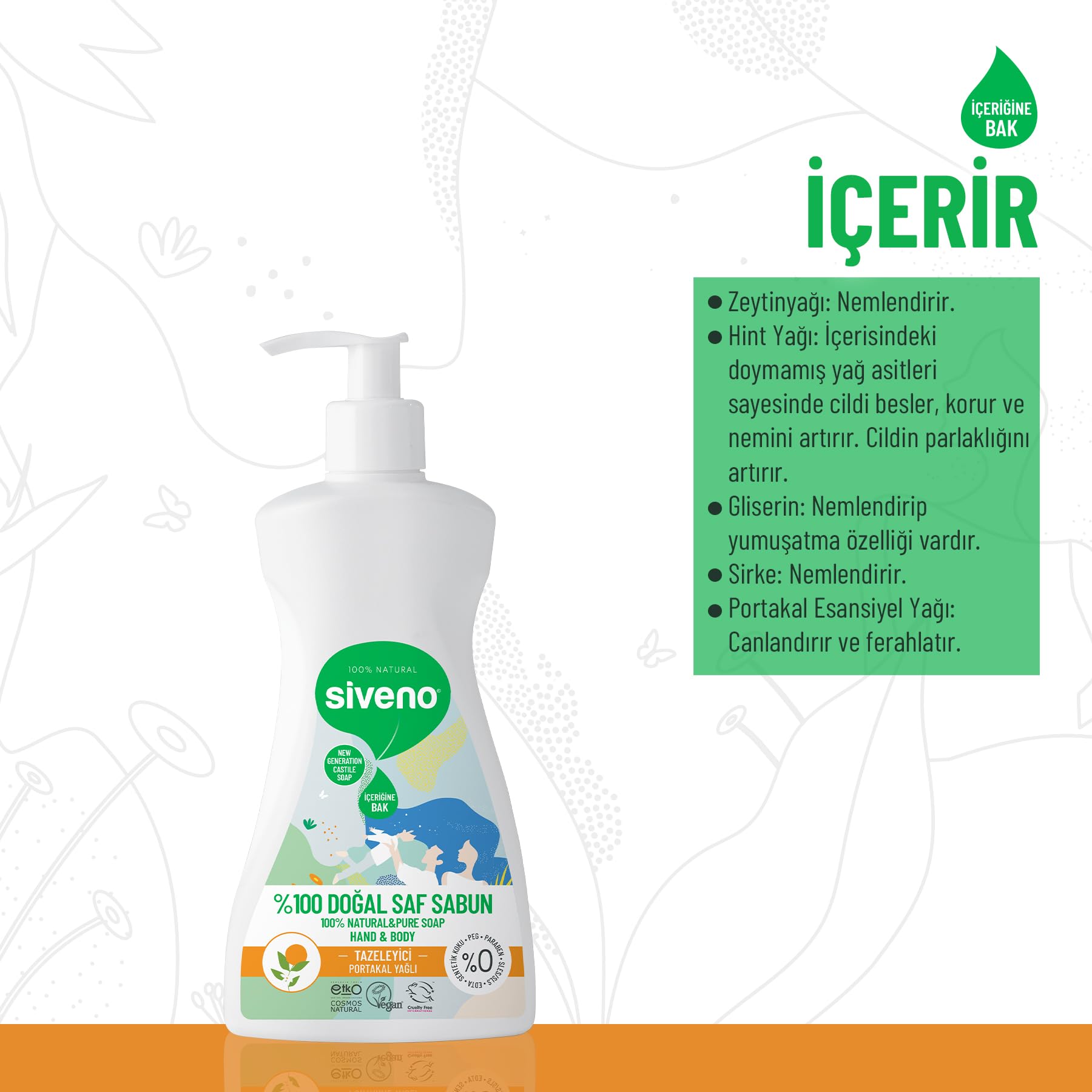 Siveno%100 Doğal Sıvı Kastil Sabun Portakal Yağlı Tazeleyici Nemlendirici Arındırıcı Bitkisel Vegan 300 ml