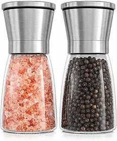Moedor de Pimenta do Reino e Sal 180ML, Moedor de Sal Grosso com Núcleo de Cerâmica Ajustável, Pimenteiro em Vidro com Tampa Protetora, Ideal para Sal Grosso, Pimenta do Reino e Temperos (2Peças)