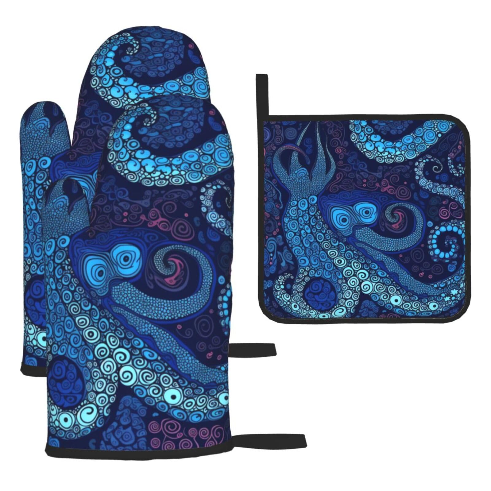 3 Piece Oven Mitts and Pot Holders Set Heat Resistant Oven Gloves and Potholders BBQ Gloves Hot Pads Blue Octopus Cooking Gloves for Kitchen Baking Grilling