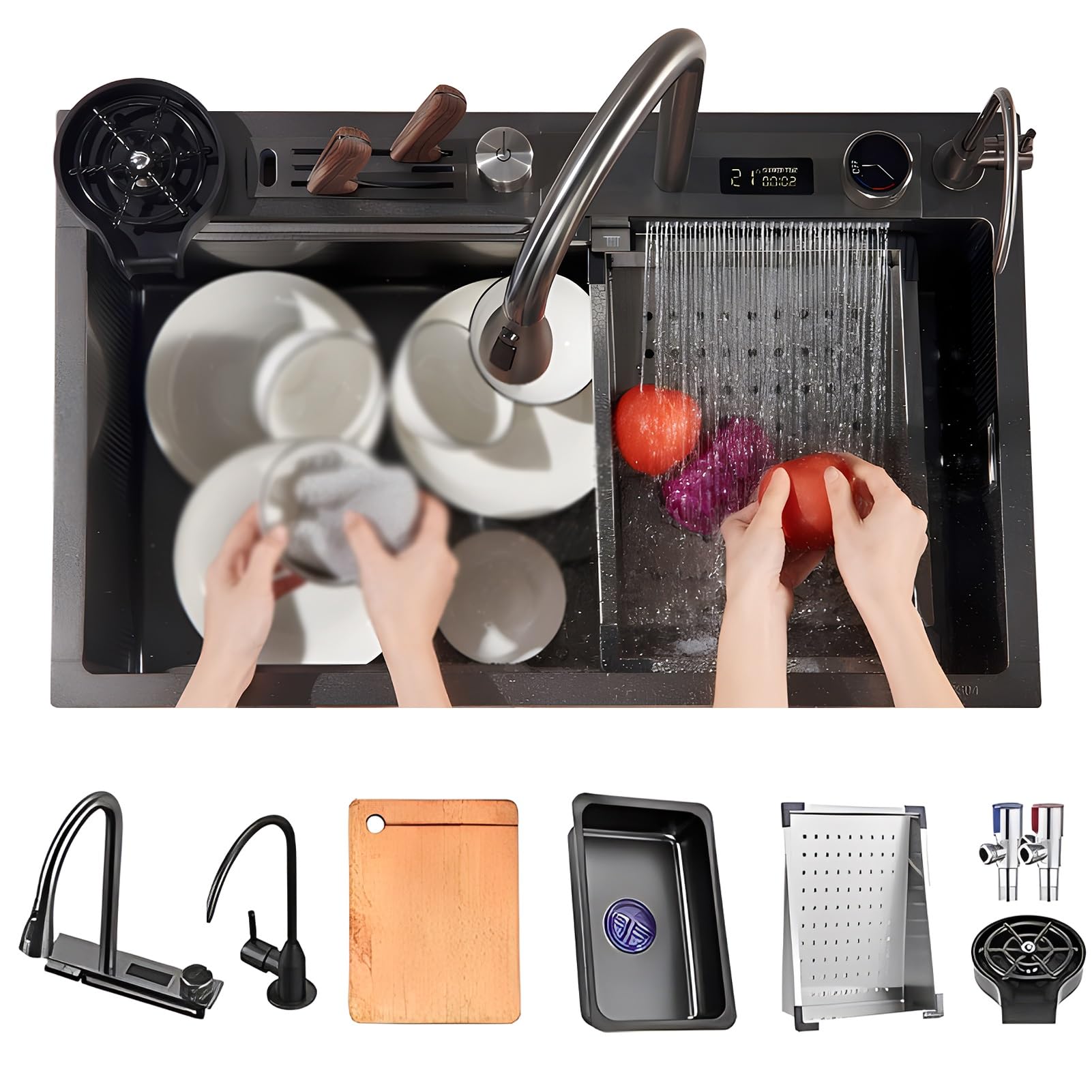 Évier de cuisine cascade pour simplifier la préparation des repas et le nettoyage des verres