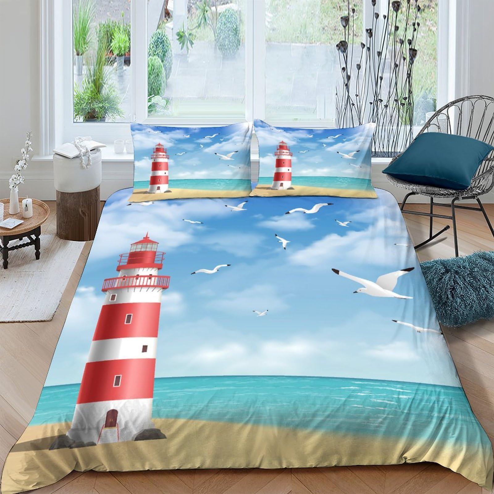Ctjqhvkz Style-4 3D Printed Lighthouse Beach Fitted Sheet Microfiber Seaside Ocean Mattress Cover For Bedroom Guest Room Decor Single（135X200cm）