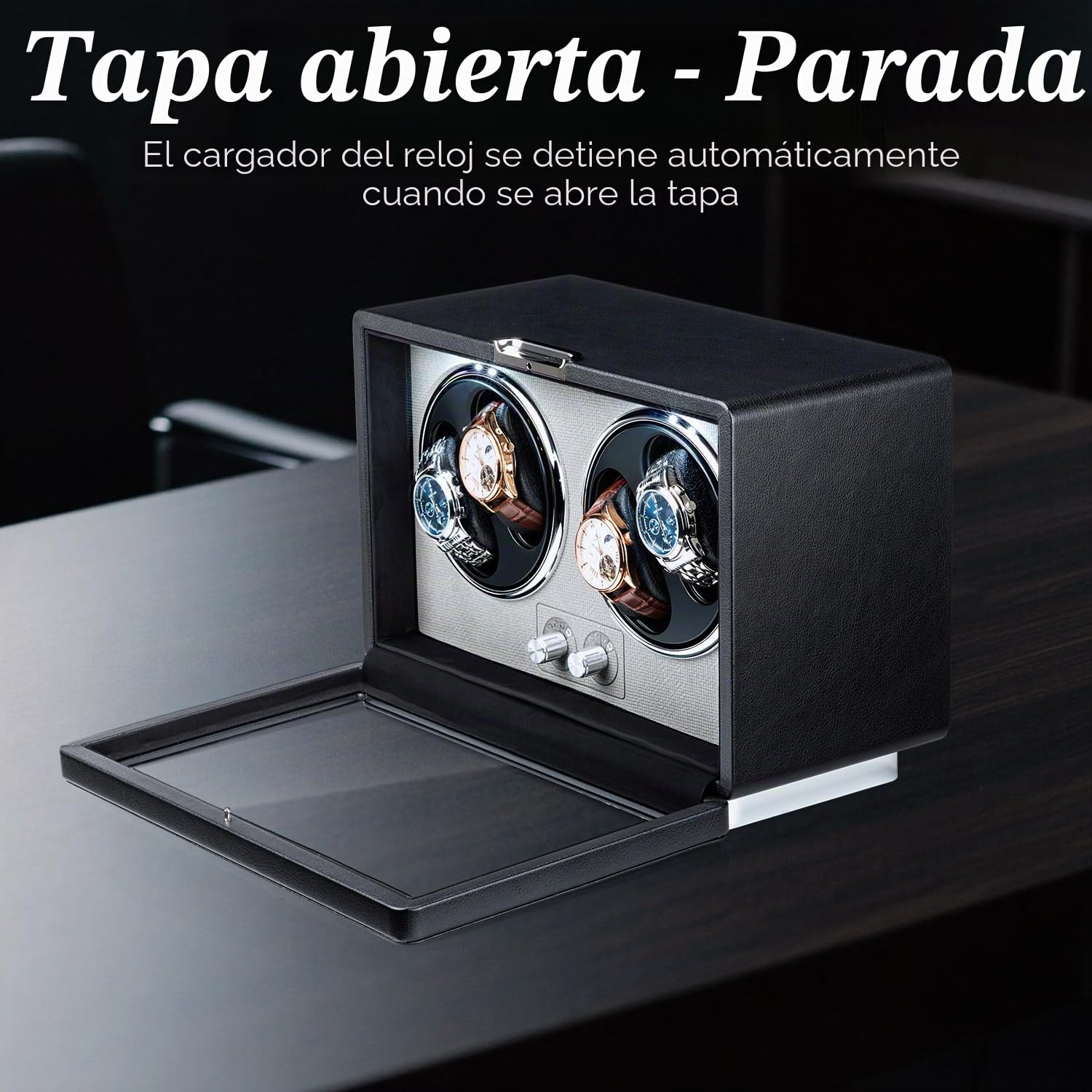 Mcbazel Cajas Giratorias para Relojes 4 Relojes, Reloj Automático Cajas con Luz LED Rectangular de Cuero PU con Motor Silencioso, USB-C Watch Winder con 4 Modos - Negro
