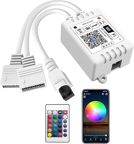GIDEALED Controlador LED inteligente WiFi RGBW de 2 salidas, 5 pines con control remoto RF de 24 teclas, compatible con Alexa y Google Assistant,