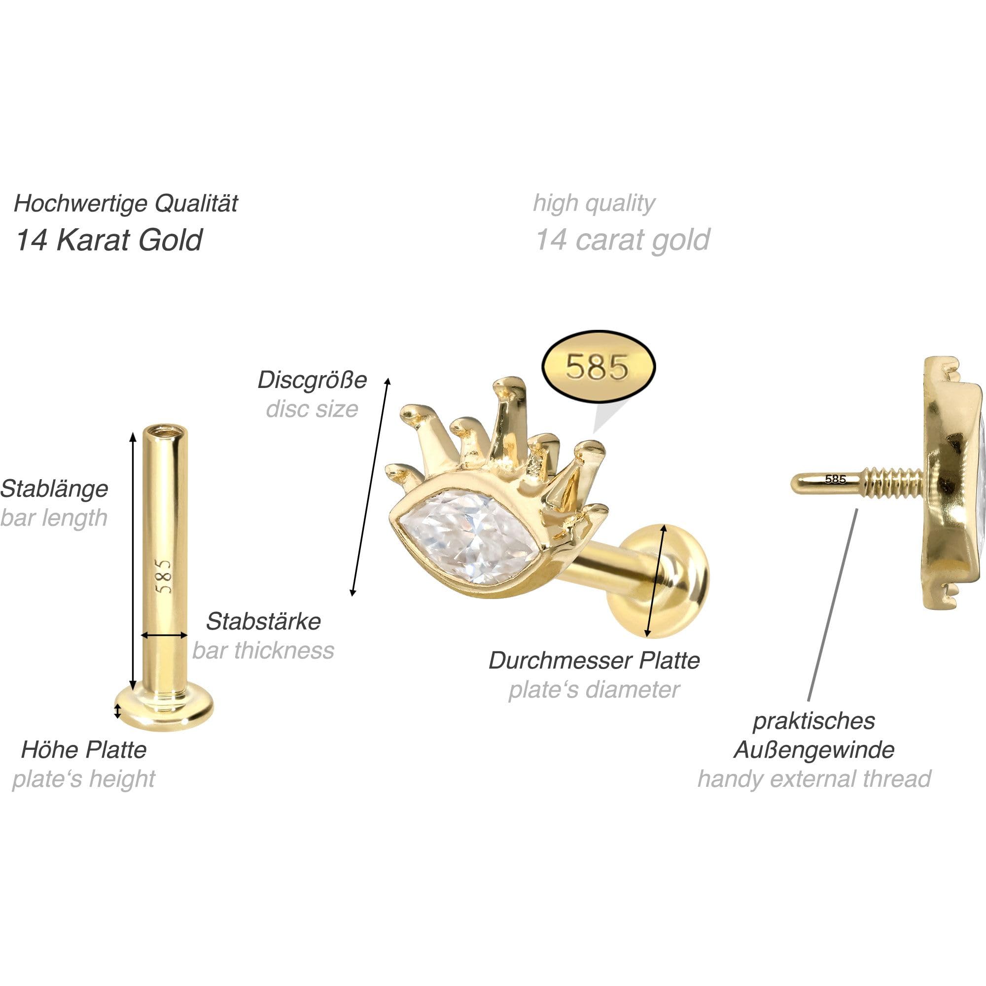 PIERCINGLINE Piercing Stecker 14 Gold Labret mit Innengewinde MOISSANIT-OVAL + SONNENSTRAHLEN 585er Gold - Roségoldfarben, Goldfarben, Silberfarben