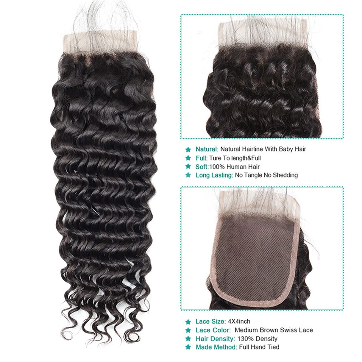 Brazilian Unprocessed Human Virgin Hair - Deep Curly Free Part Closure Pre-Plucked Hairline Loose Deep Wave 4x4 Lace Closure (12inch, Natural Black With Baby Hair)