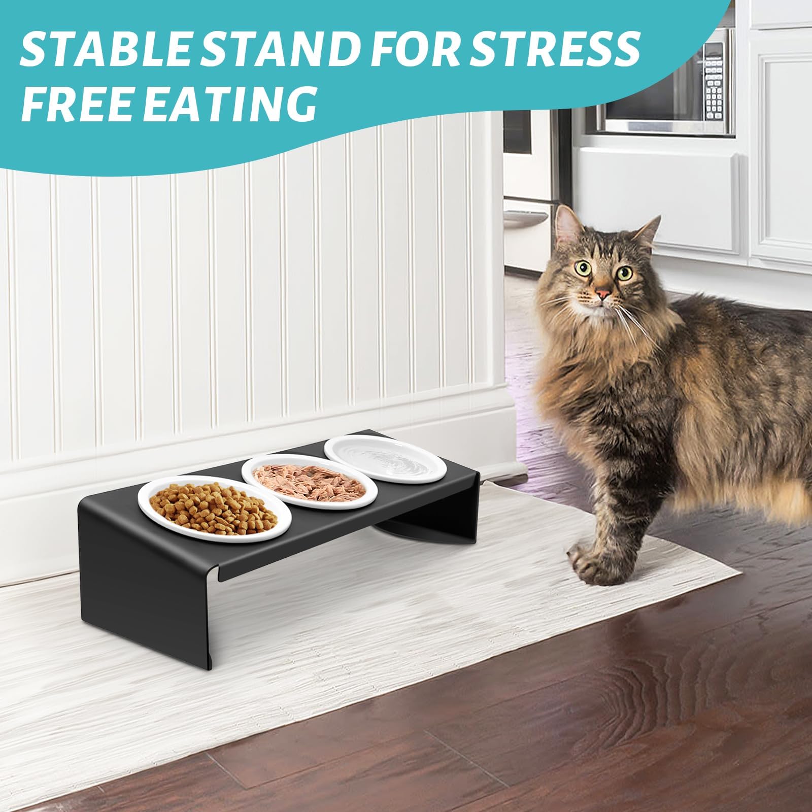 Comedero de cerámica for Gatos con Soporte metálico Inclinado a 15°. Juego alimentación y Agua for Perros, Color Negro