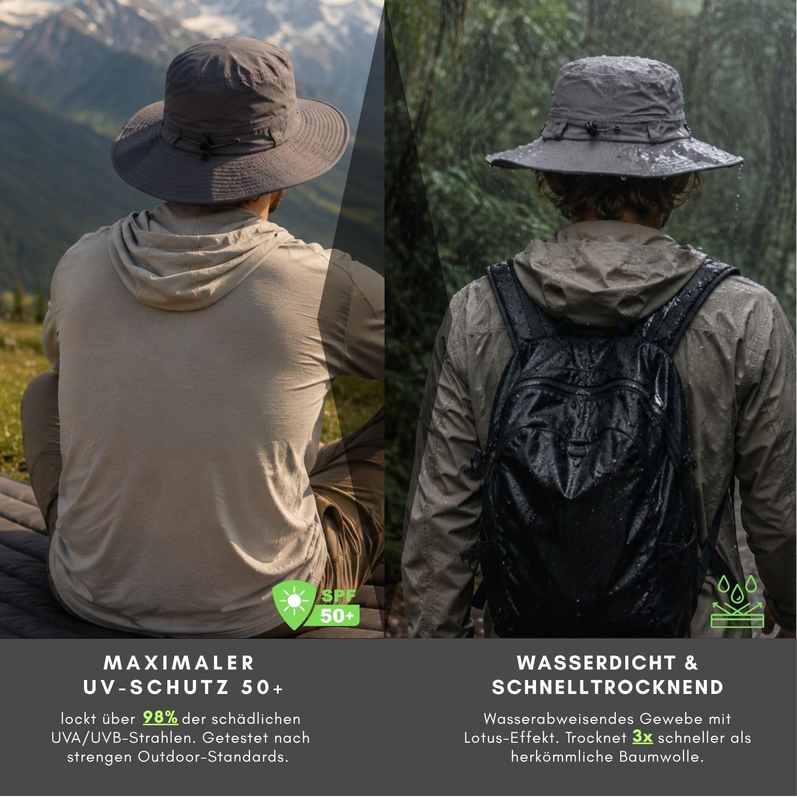TOP-EX Chapeau de soleil imperméable pour homme et femme avec protection UV UPF 50, respirant, pour la randonnée, la pêche, réglable, pliable, grande tête