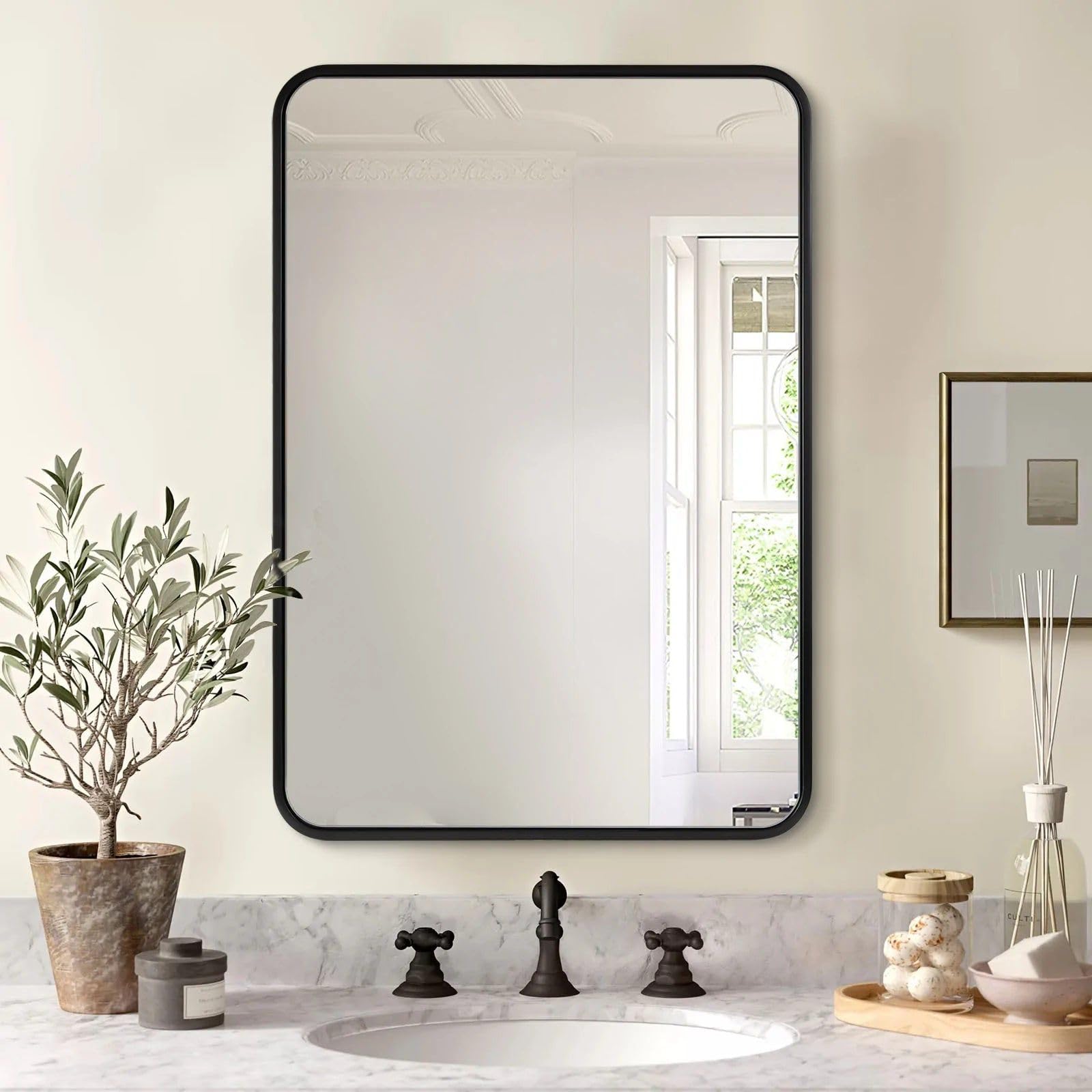 Espejo de baño 80x60 cm, Marco de Aluminio Negro | Resistente a la humedad y al óxido · montaje horizontal o vertical · baño, dormitorio, pasillo