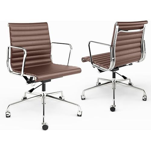 Ribbed Office Chair with Top Grain Leather - Mid Back Ergonomic Desk Chair with Aluminum Arm Rest and 5-Star Base, Swivel Chair Brown