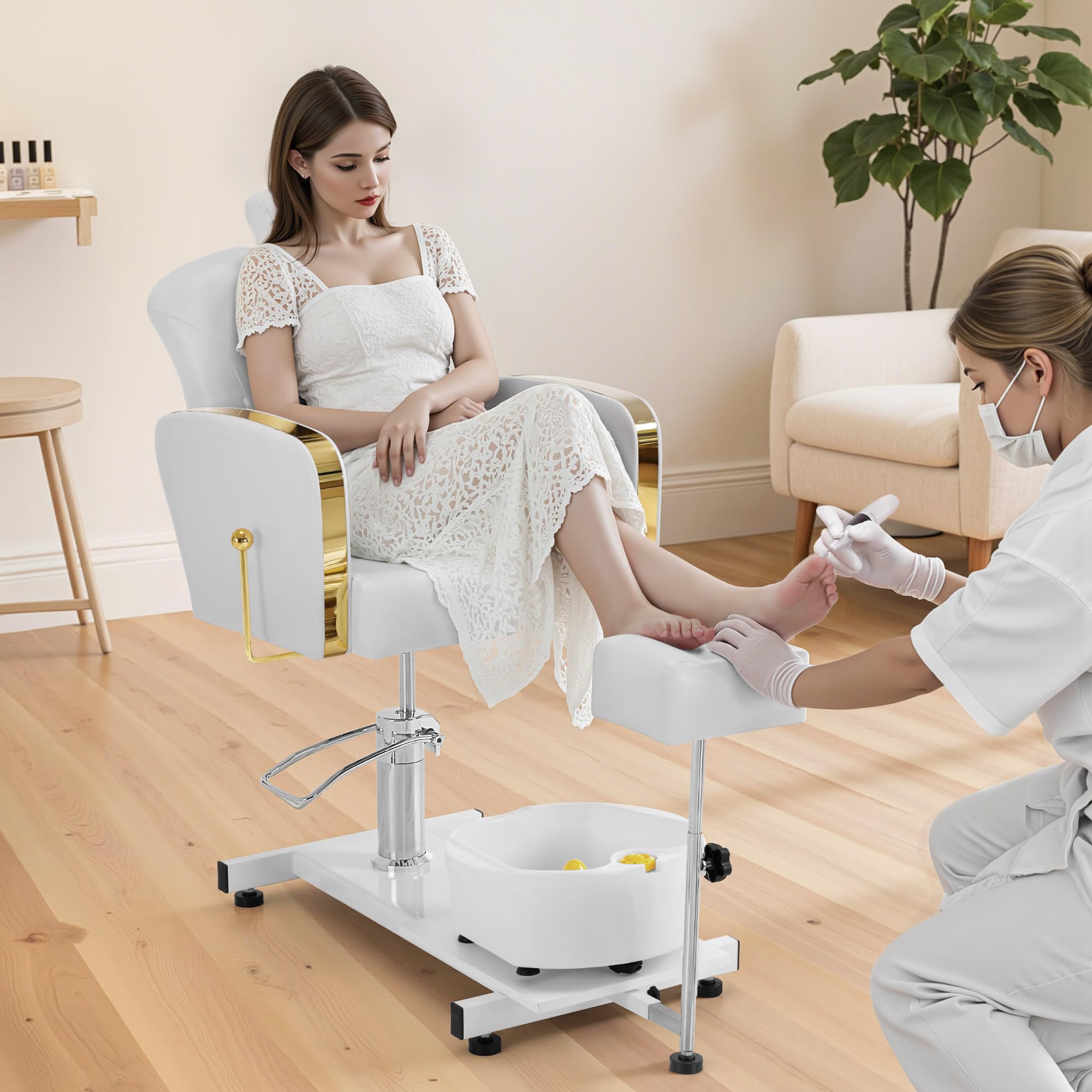 Barberpub Sedia da pedicure con vasca e sgabello, sedia da parrucchiere regolabile e inclinabile, per salone unghie retro F0371 (Oro-Bianco)
