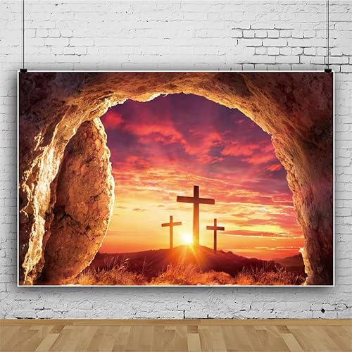 Miniatura 3 de Fondo de fotografía de tumba vacía de 6 x 4 pies, puesta de sol con luz sagrada, tres cruces en la montaña, Jesucristo, agujero de piedra, telón de