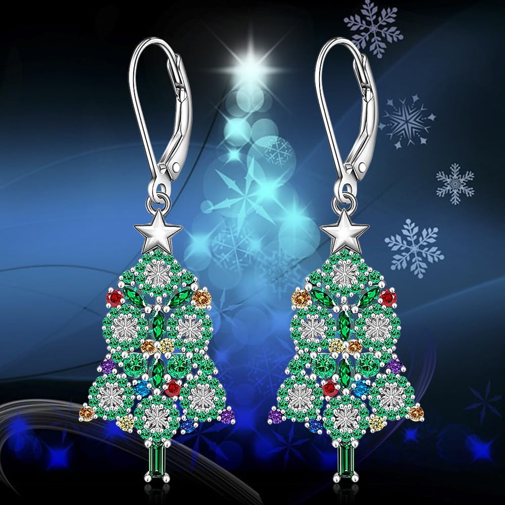 Christmas Earrings Christmas Tree Earrings for Women Dangle Sterling Silver Green Xmas Tree Drop Dangling Leverback Holiday Jewelry Gifts - Image 6