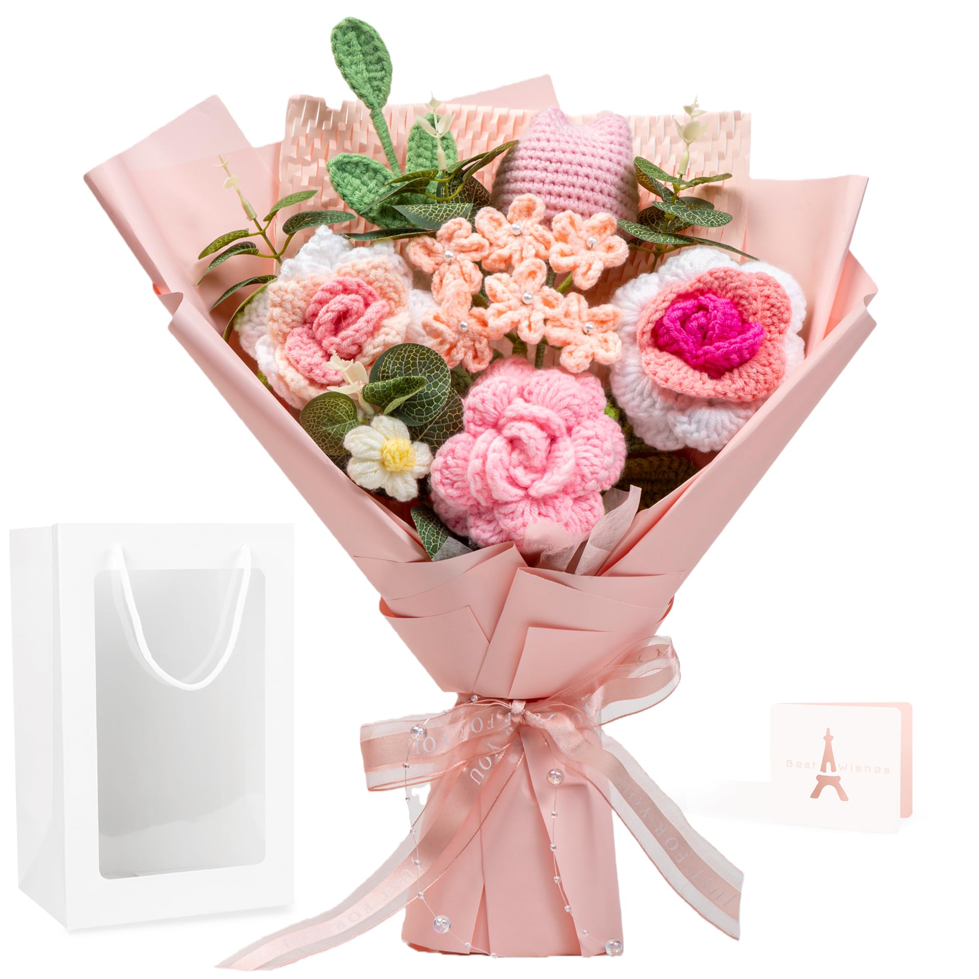 Crochet Flower Bouquet Pink Crochet Flowers, Ovis ammon Hand Knitted Flowers Rose for Graduation Gift, Teacher's Day Weddings Birthdays Mother's Day Include Gift Box Bag (with Card)