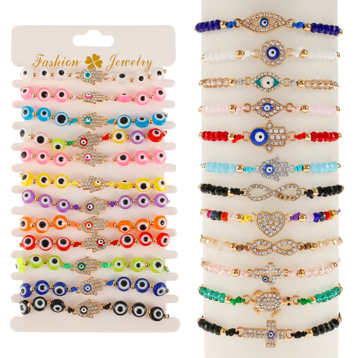 Lulobtg Women's Colorful 24 Pcs Evil Eye Bracelets, Handmade Evil Eye Strand Bracelet, Adjustable Anklet Amulet Bangle Personalized Jewelry Gift For Men Girl Halloween Holiday Festival
