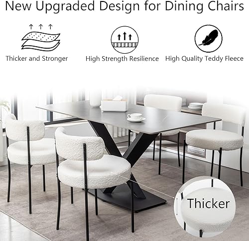 Miniatura 4 de White Boucle - Juego de 4 sillas de comedor tapizadas con patas de metal negro, silla de comedor redonda moderna para comedor, cocina