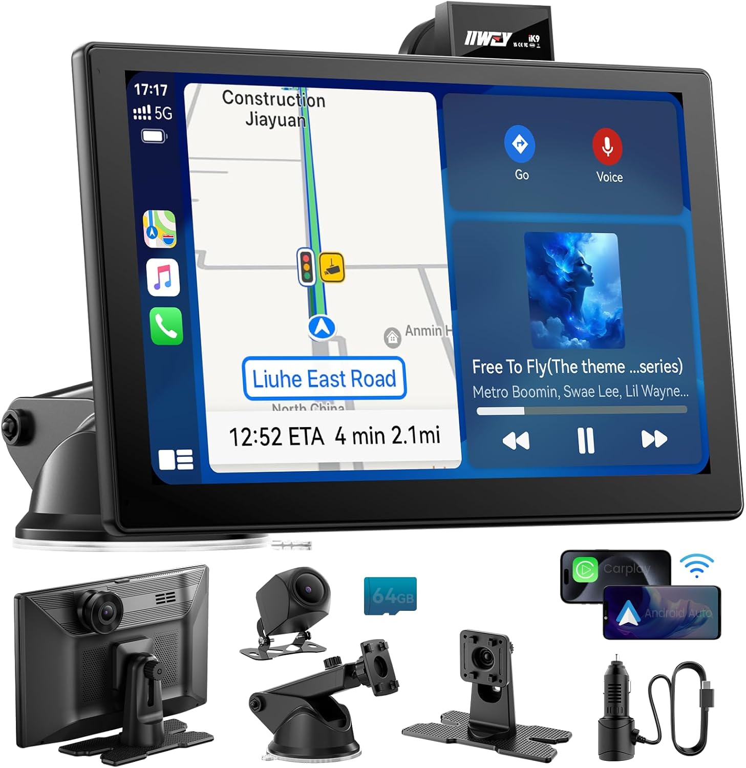 IK9 9″ Wireless CarPlay & Android Auto Screen, Portable Car Stereo with 4K Dash Cam & 1080p Rear Camera, CarPlay with Backup Camera, Touch Screen GPS Display, Mirror Link, Apple Car Play Screen IK9 9″ Wireless CarPlay & Android Auto Screen, Portable Car Stereo with 4K Dash Cam & 1080p Rear Camera, CarPlay with Backup Camera, Touch Screen GPS Display, Mirror Link, Apple Car Play Screen