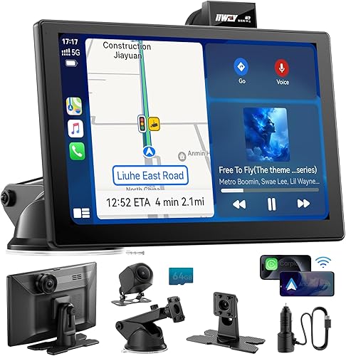 IK9 - Pantalla inalámbrica CarPlay y Android Auto de 9 pulgadas, estéreo portátil para automóvil con cámara de tablero 4K y cámara trasera de 1080p,