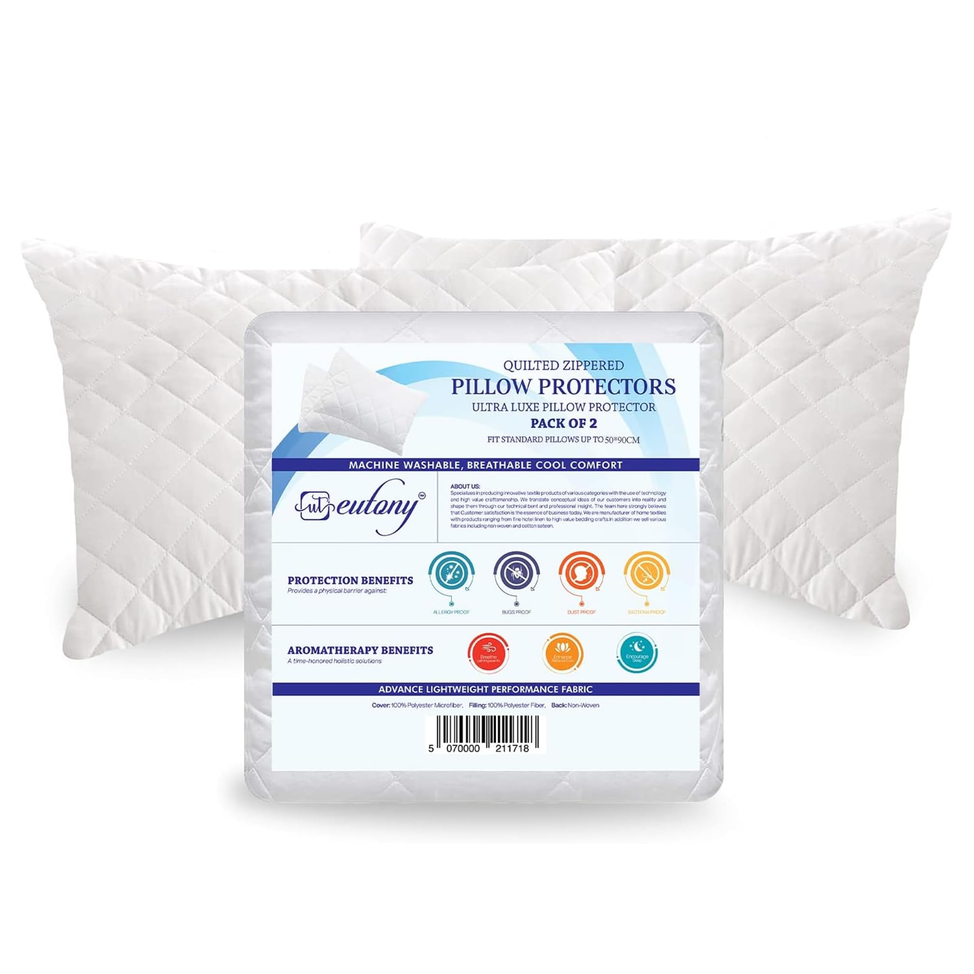 Eutony Pillow Protectors 2 Pack Quilted Zipped - Ultra Luxe Zipped Pillow Protectors, Quilted Pillow Protectors, Soft & Breathable Hypoallergenic 50 x 75cm - White (Quilted Pack of 2 | 50x90 cm)